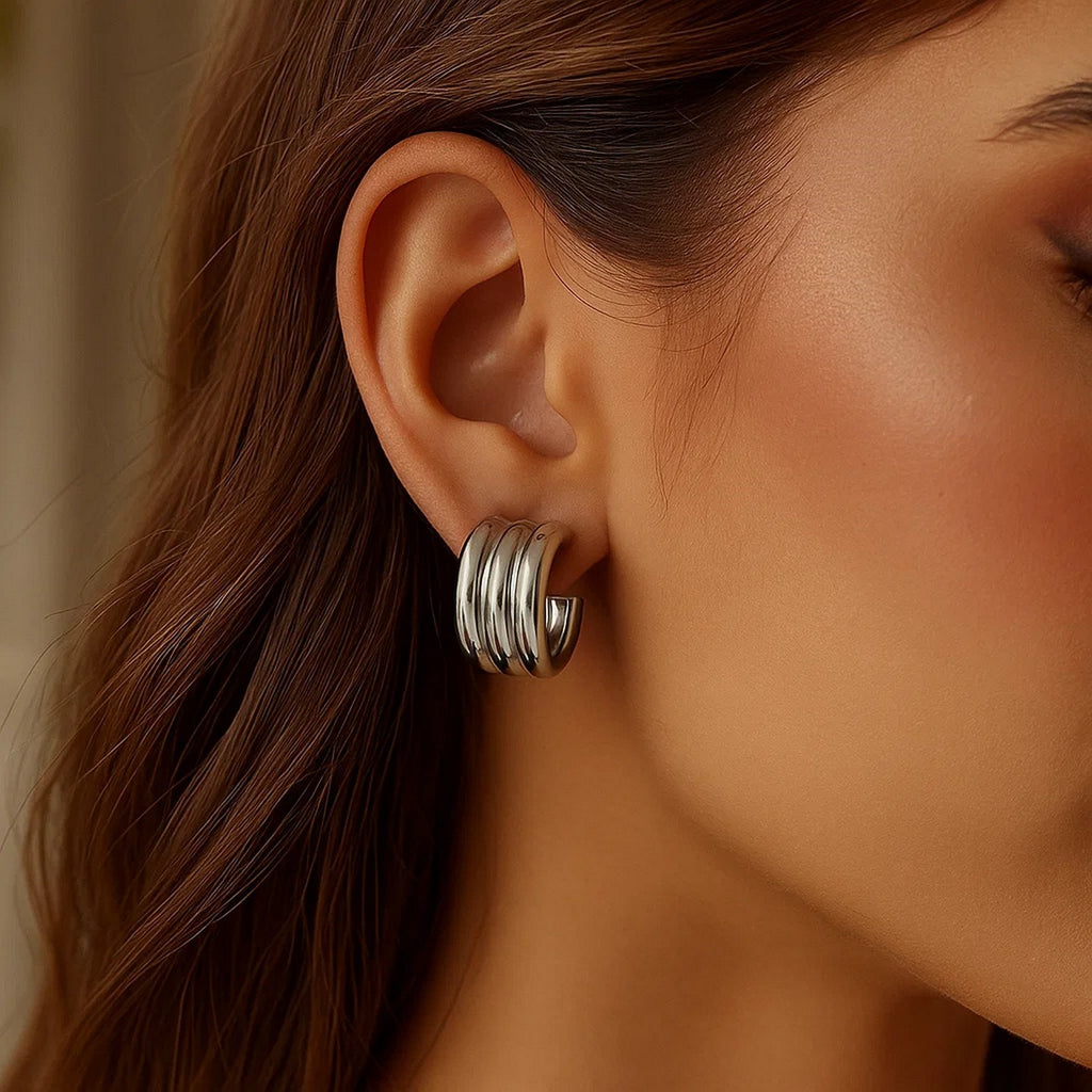 Sterling Silver Triple Row C Hoop Earrings