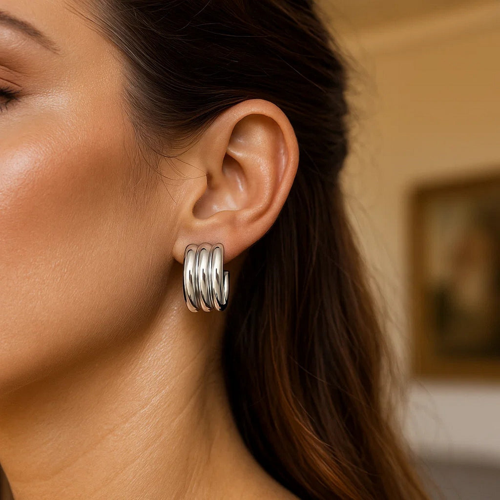 Sterling Silver Triple Row C Hoop Earrings