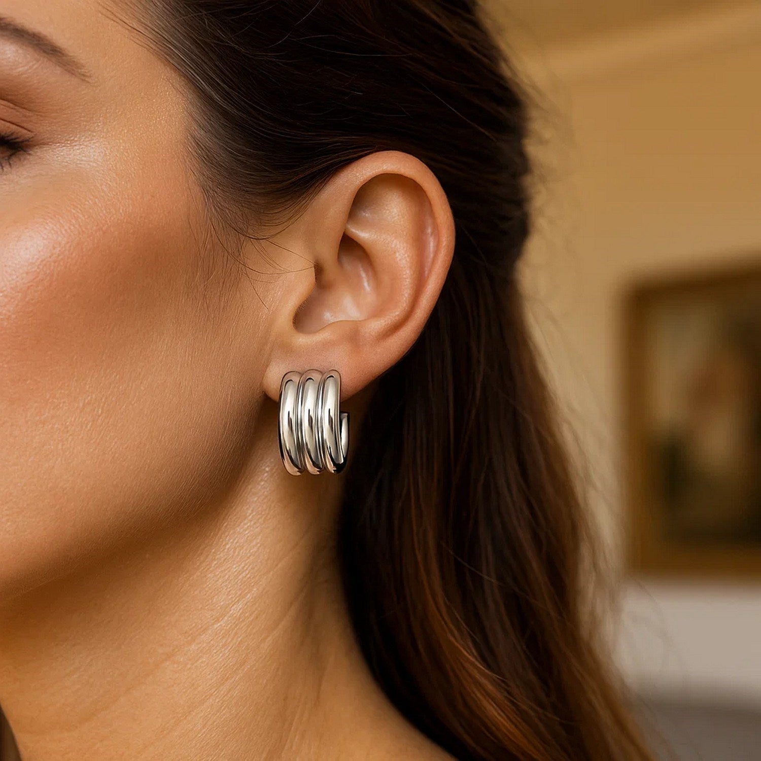 Sterling Silver Triple Row C Hoop Earrings