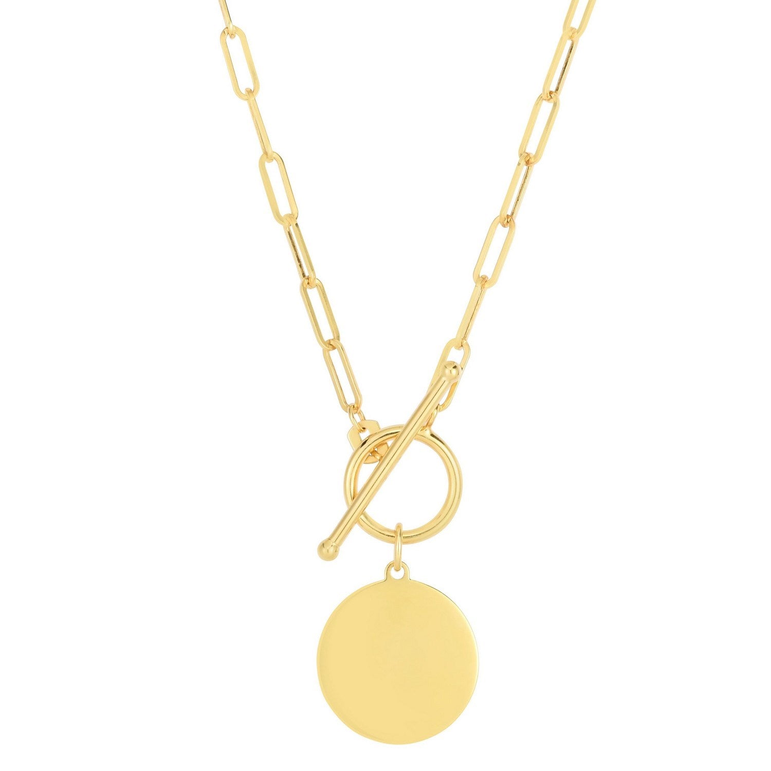 14k Yellow Gold Paperclip Chain Necklace with Circle Pendant