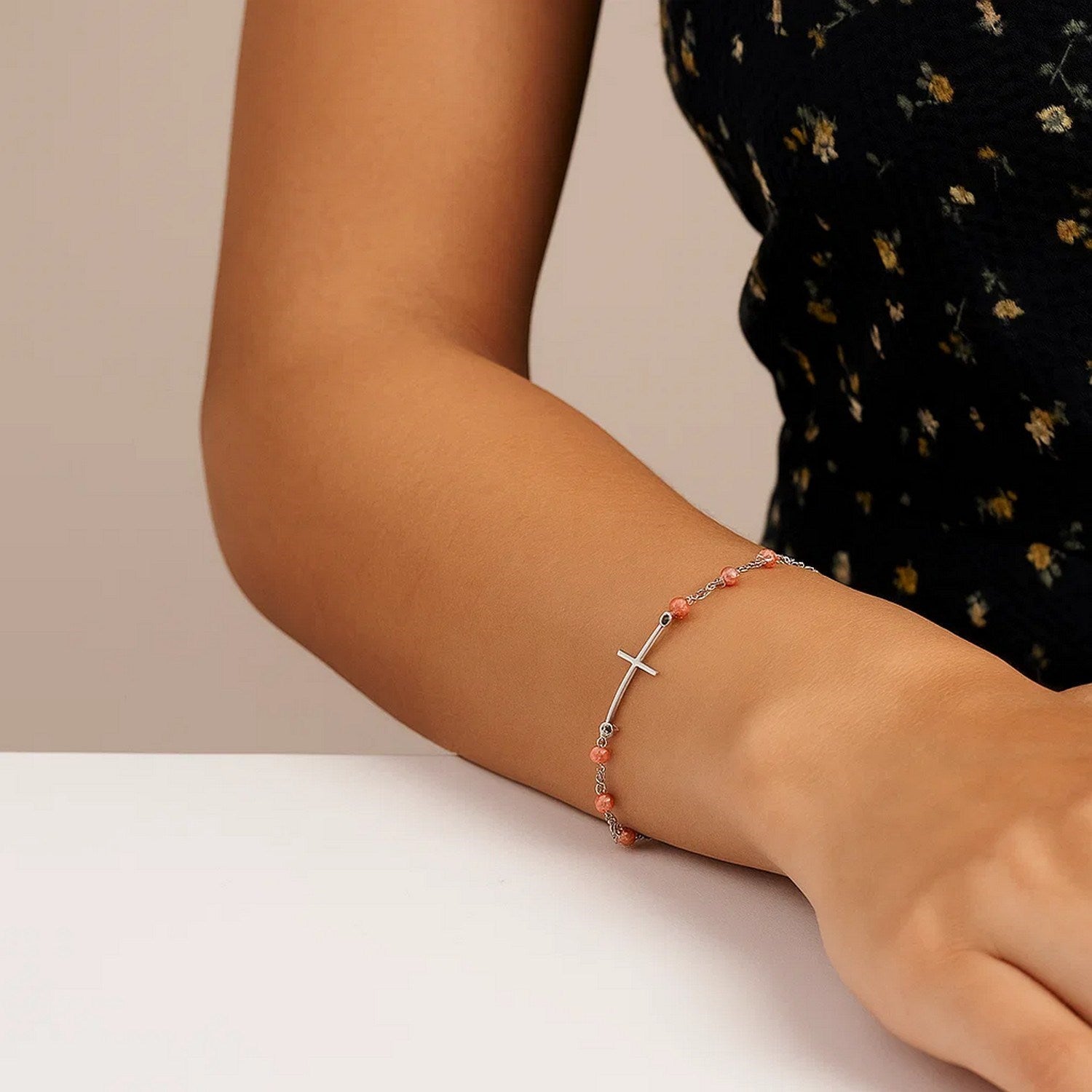 Sterling Silver White and Rose Finish Adjustable Bracelet with Cross (1.20 mm)