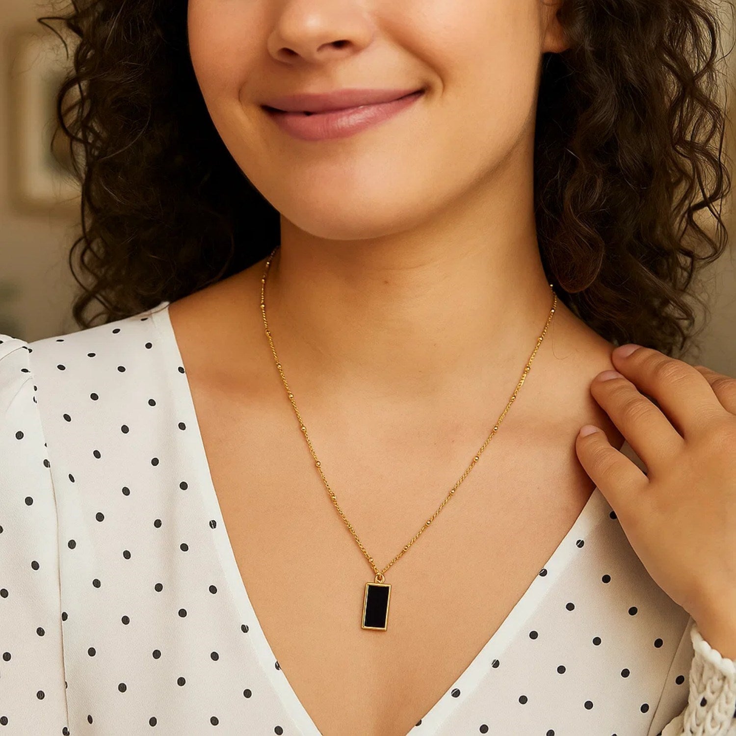 Onyx Geometric Rectangle Necklace in 14K Yellow Gold