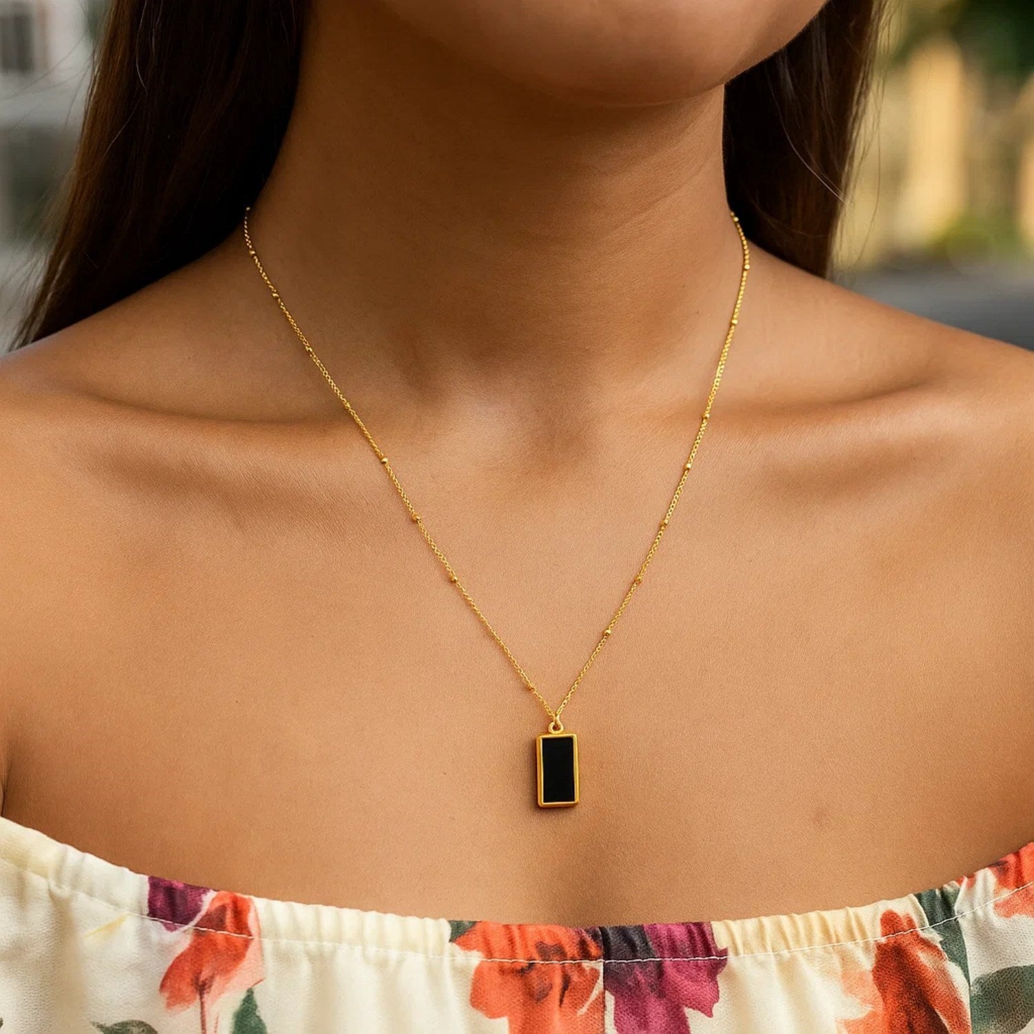 Onyx Geometric Rectangle Necklace in 14K Yellow Gold