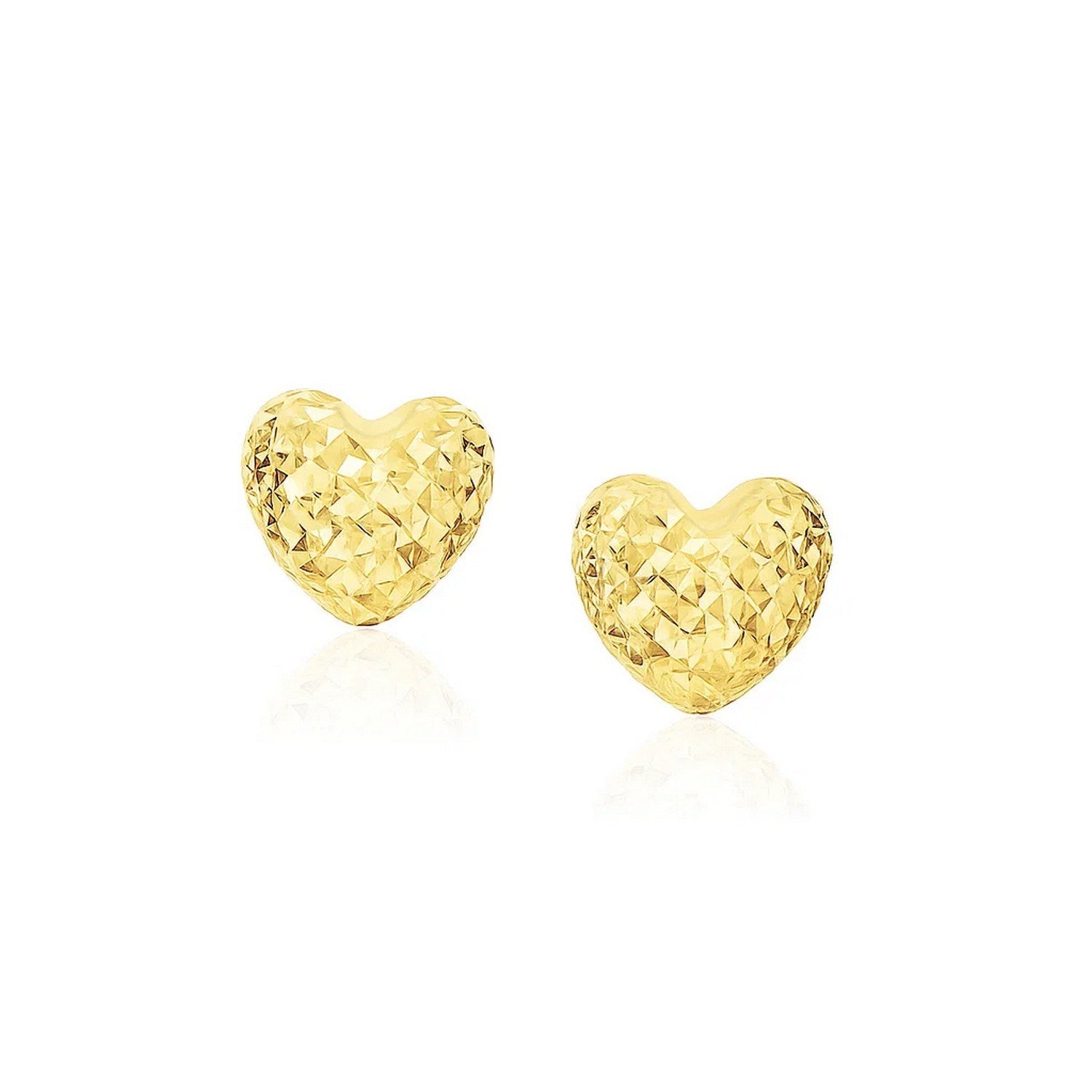 14k Yellow Gold Puffed Heart Earrings with Diamond Cuts(8mm)