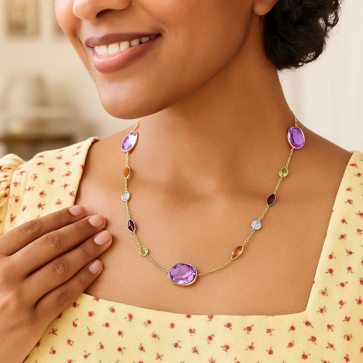 14k Yellow Gold Necklace with Multi-Colored Stones