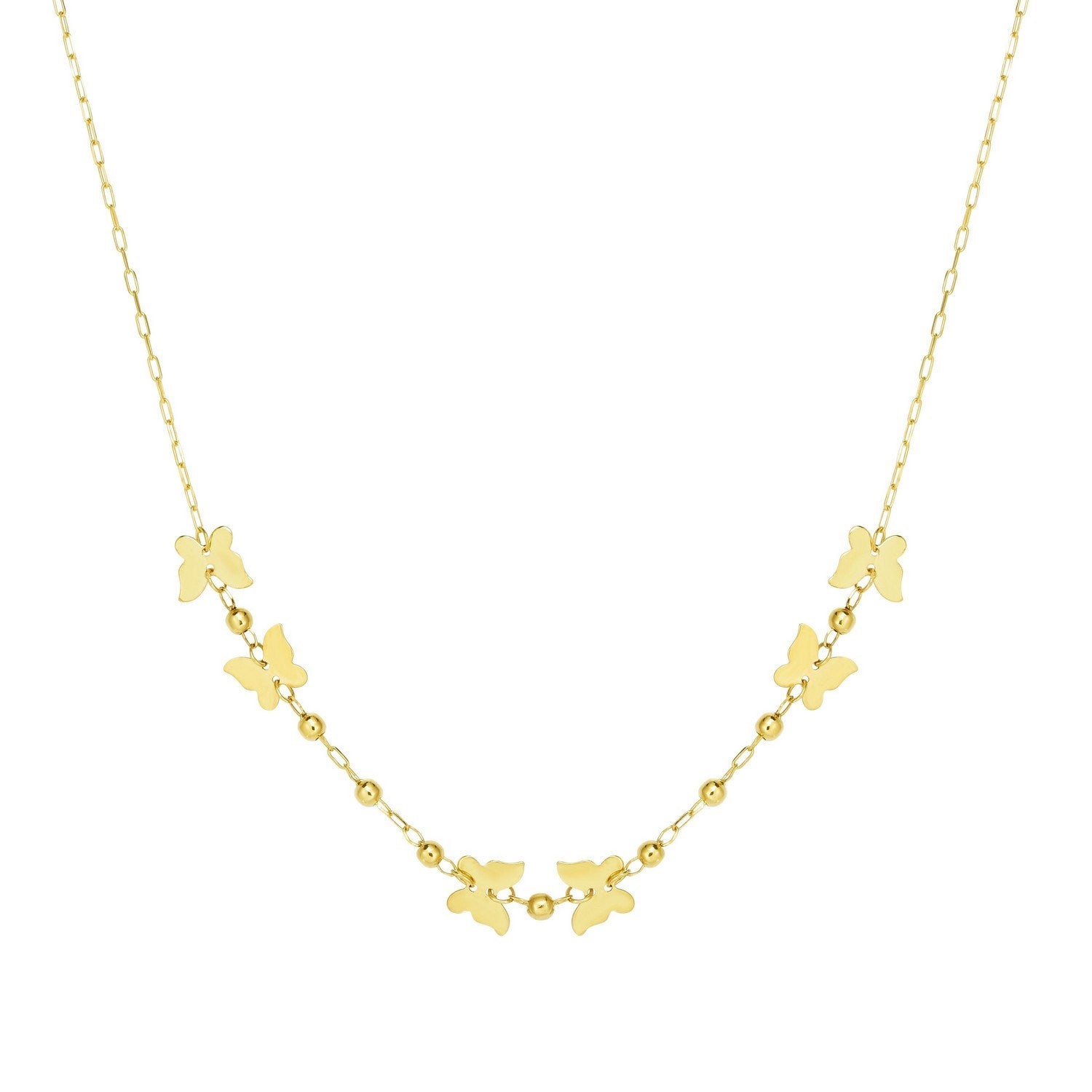 14k Yellow Gold 18 inch Necklace with Polished Butterflies and Beads