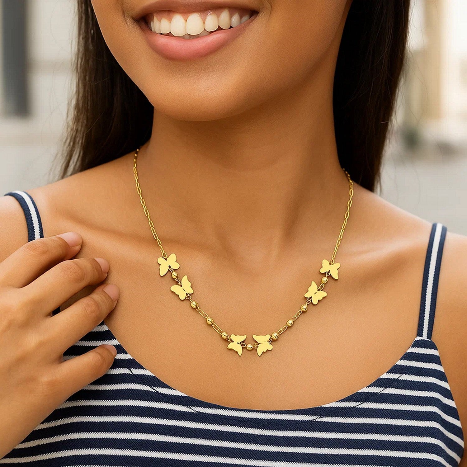 14k Yellow Gold 18 inch Necklace with Polished Butterflies and Beads