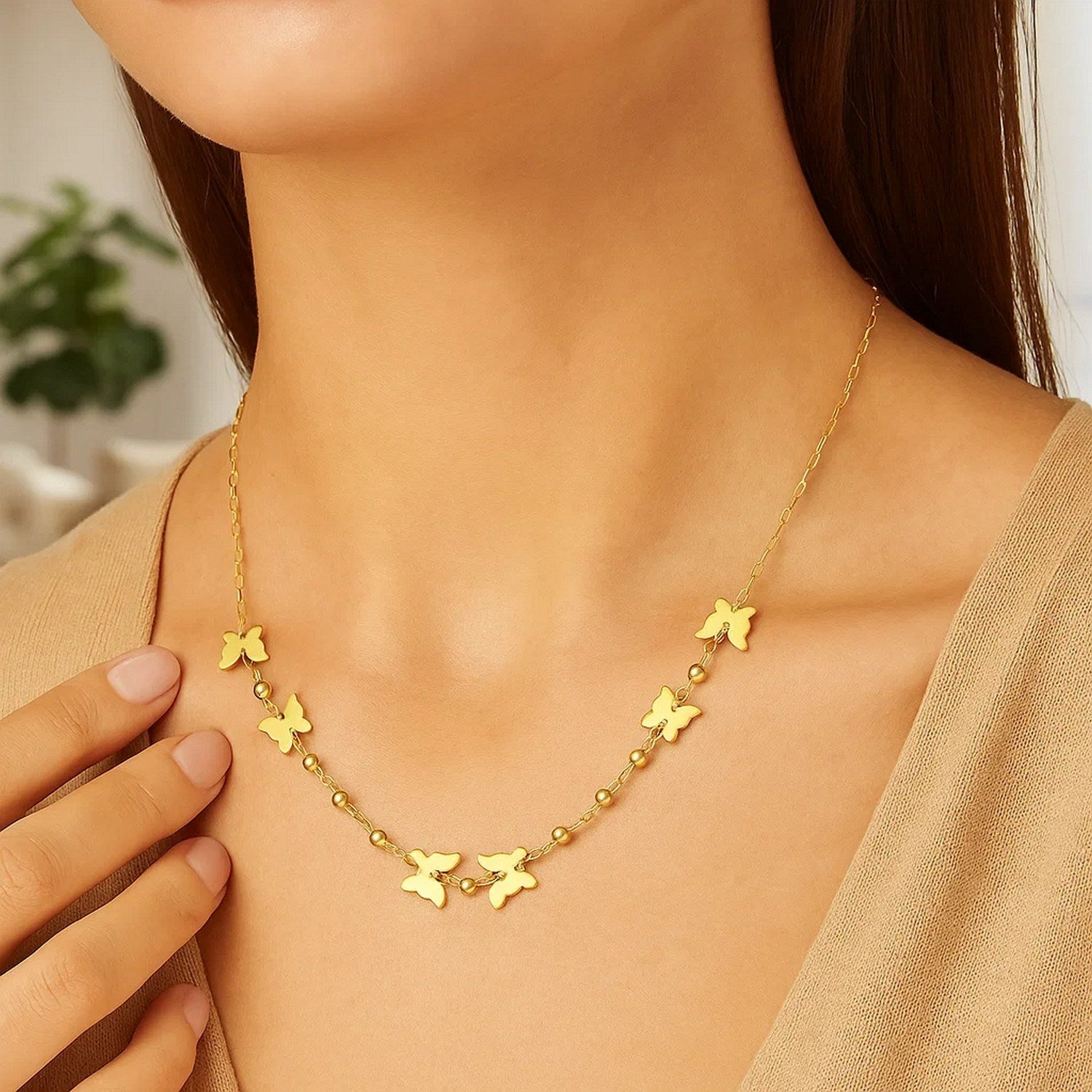 14k Yellow Gold 18 inch Necklace with Polished Butterflies and Beads