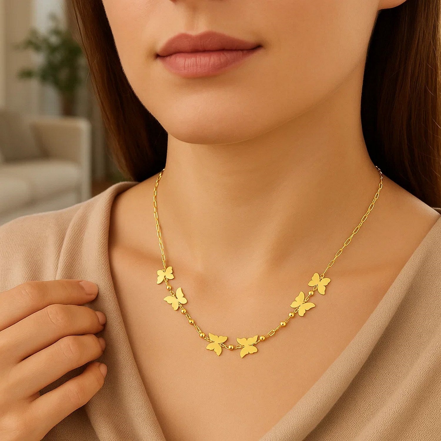 14k Yellow Gold 18 inch Necklace with Polished Butterflies and Beads