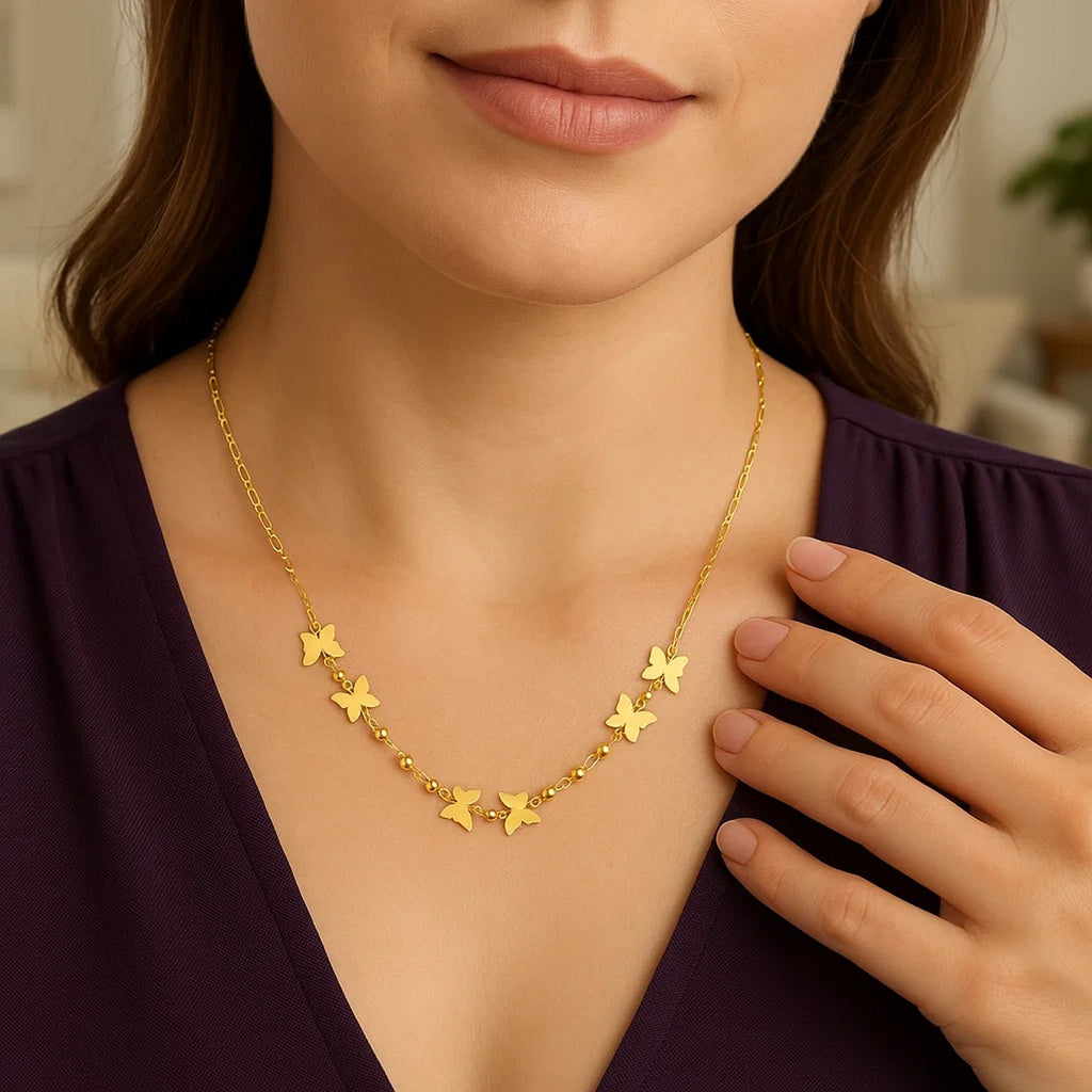 14k Yellow Gold 18 inch Necklace with Polished Butterflies and Beads