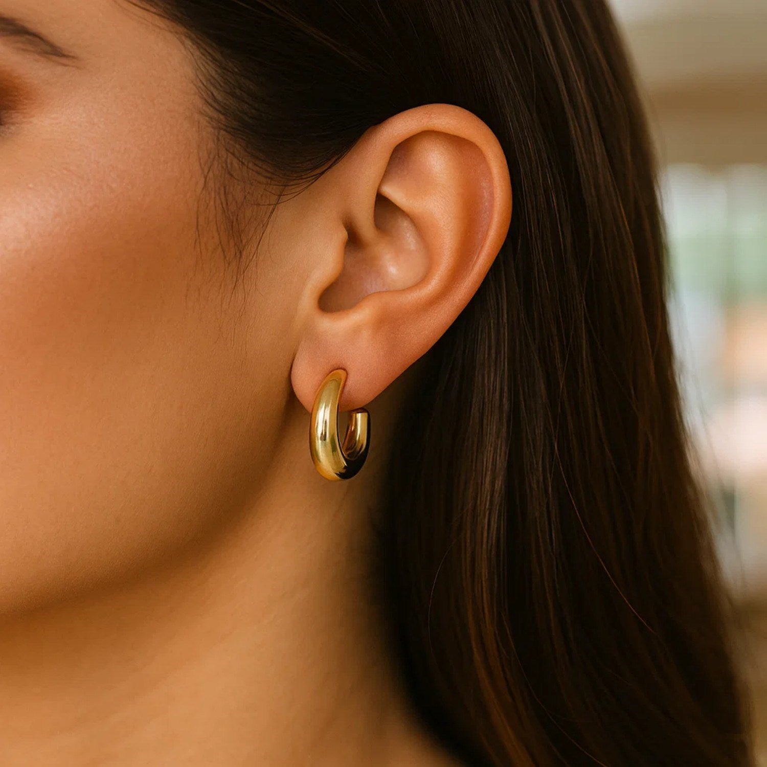 Puffy C Shaped Hoop Earrings in 14K Yellow Gold