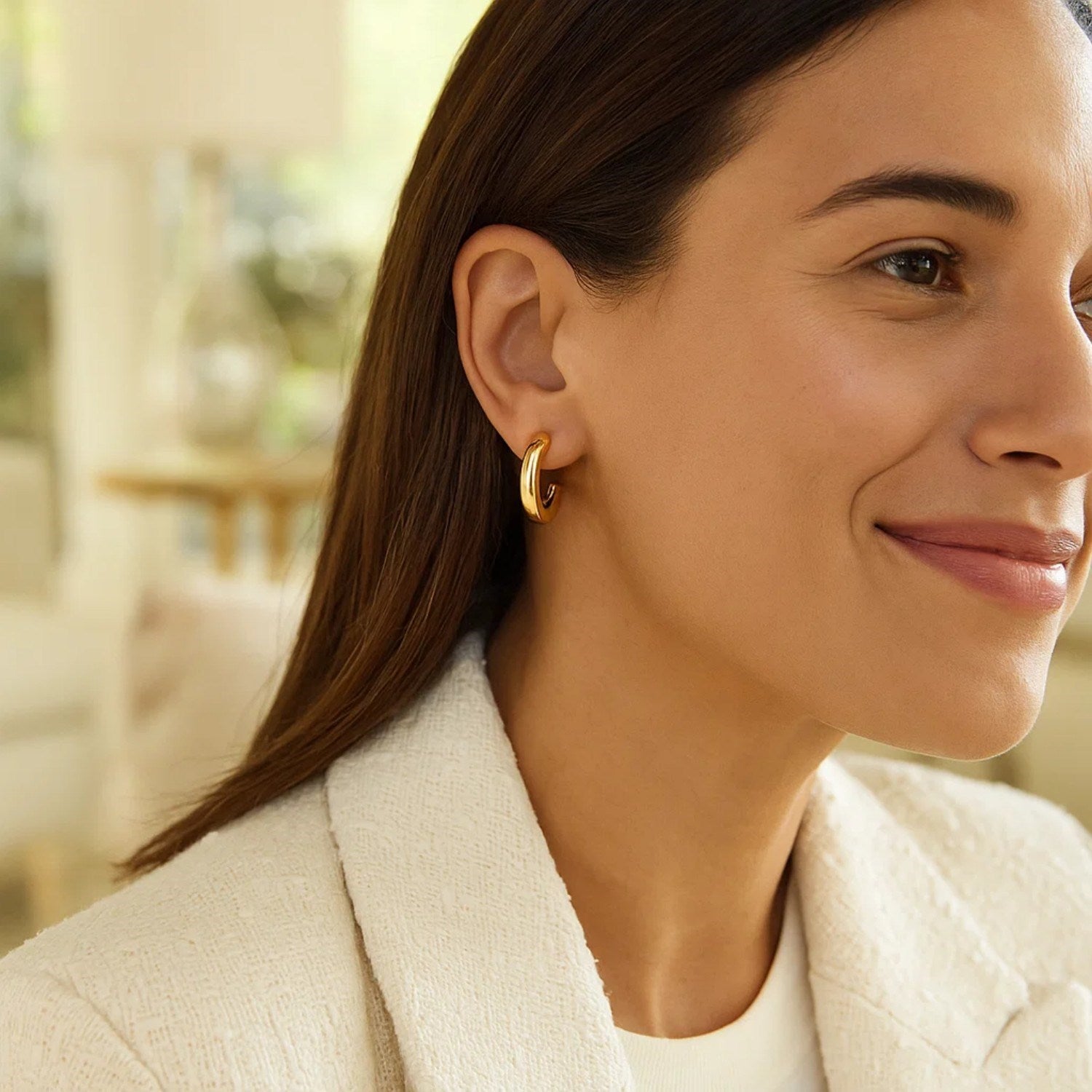 Puffy C Shaped Hoop Earrings in 14K Yellow Gold