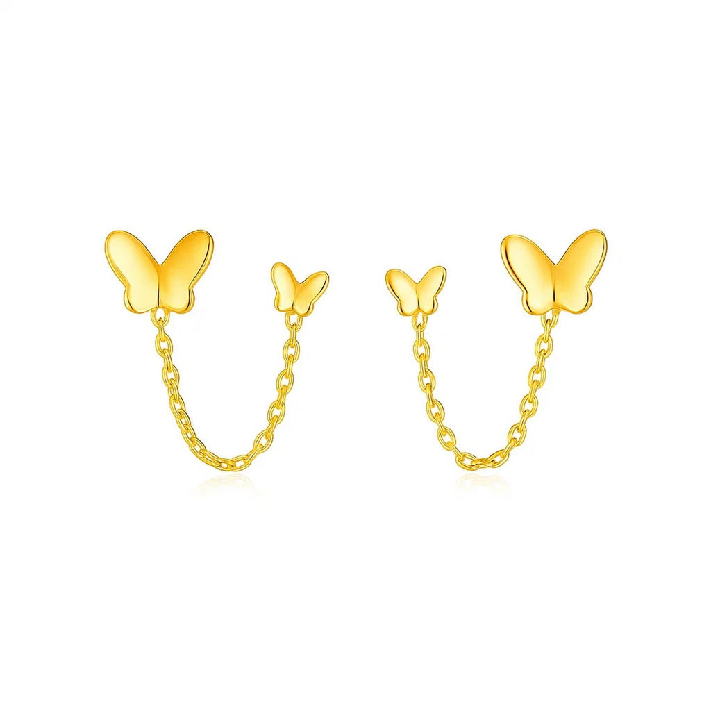 14k Yellow Gold Two Hole Post Earrings with Butterflies