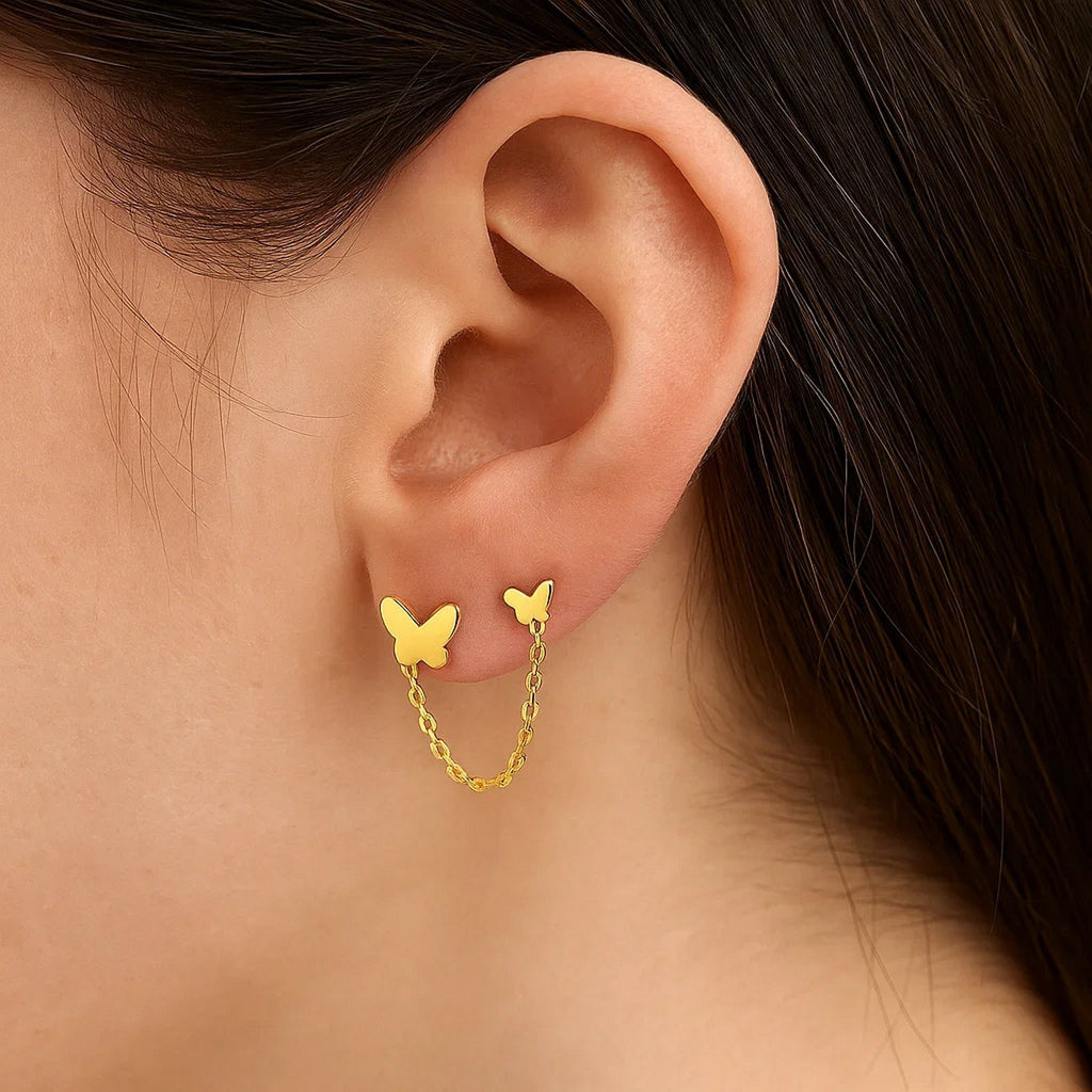 14k Yellow Gold Two Hole Post Earrings with Butterflies