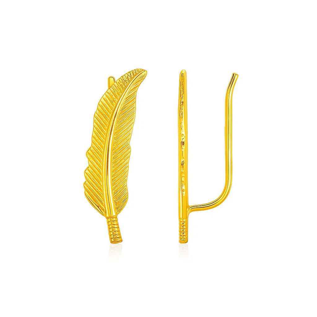 Textured Feather Climber Earrings in 14k Yellow Gold