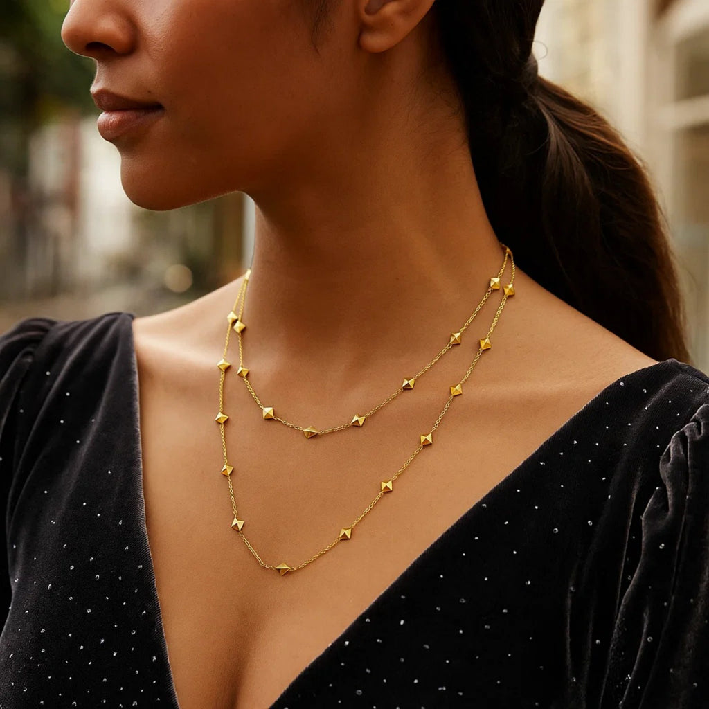 14K Yellow Gold Pyramid Station Layered Necklace