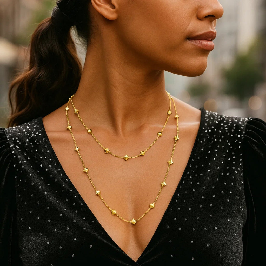 14K Yellow Gold Pyramid Station Layered Necklace