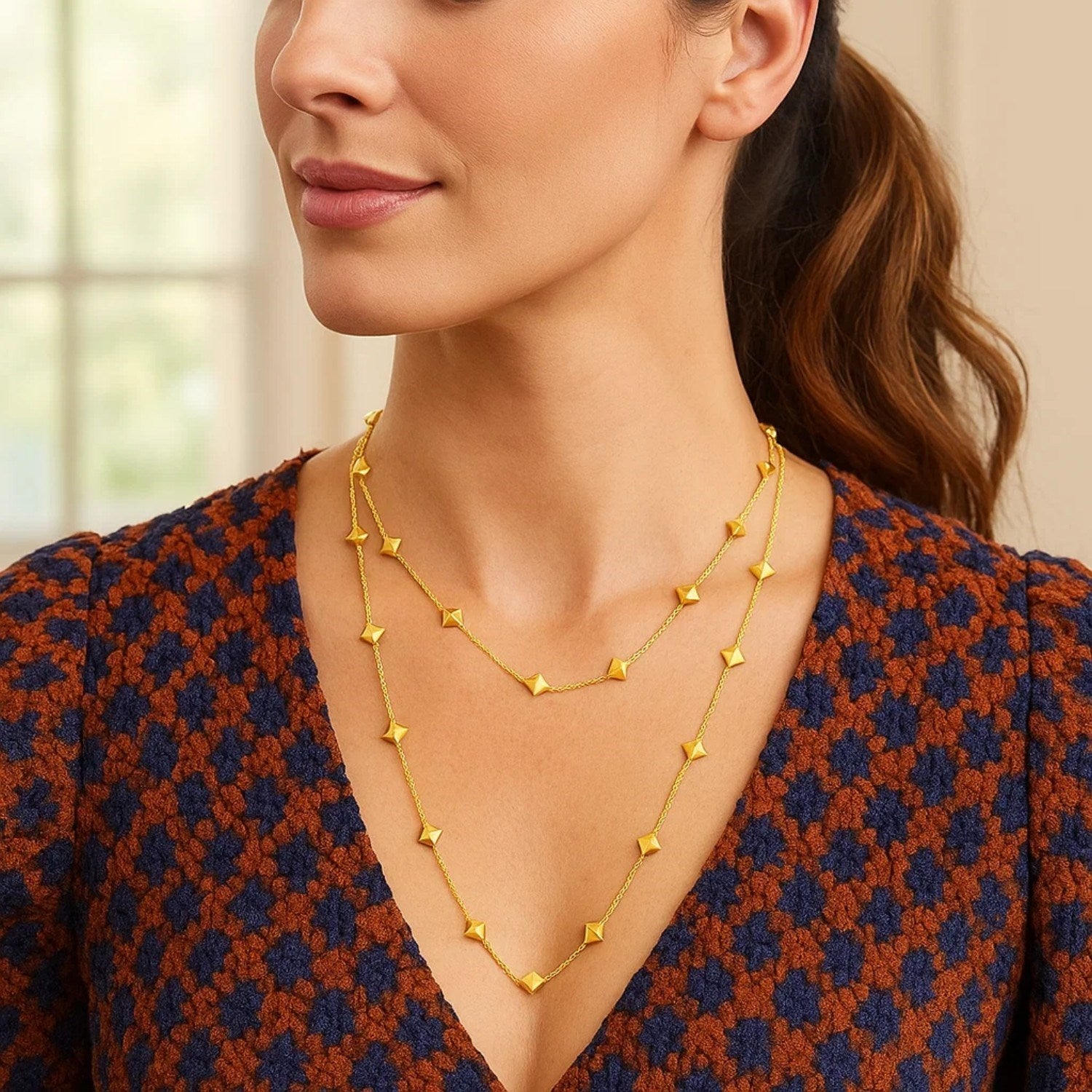 14K Yellow Gold Pyramid Station Layered Necklace