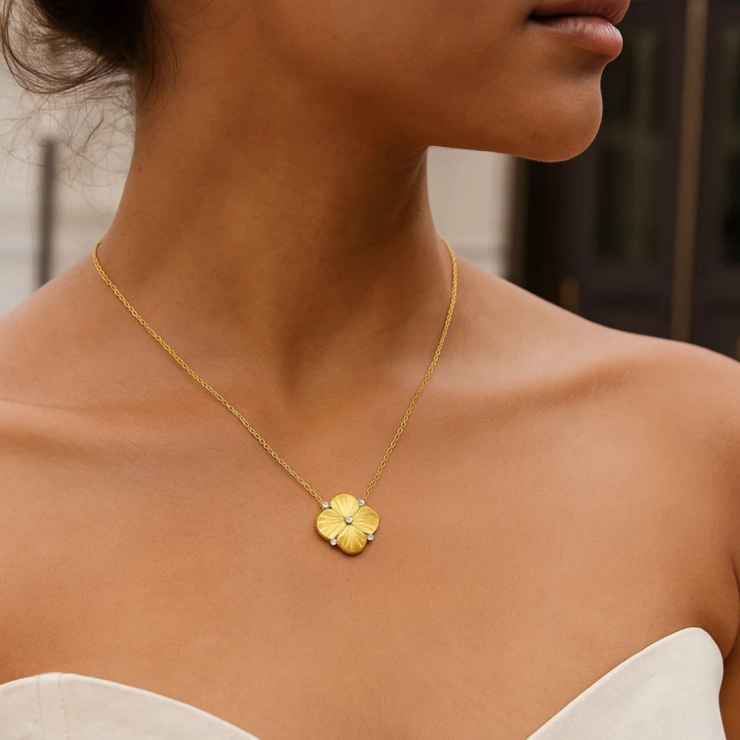 14K Yellow Gold Diamond Clover Pendant Necklace