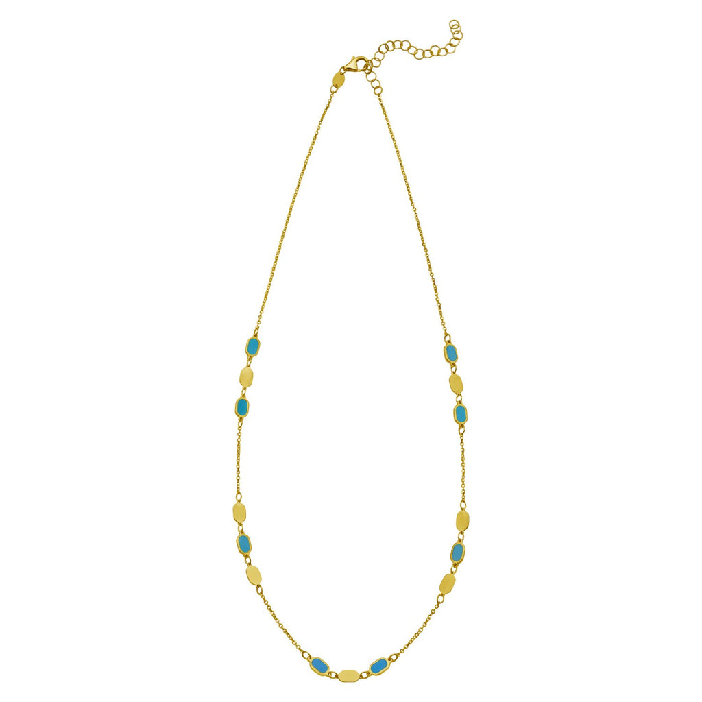 14K Yellow Gold Hexagon Turquoise Inlay Links Necklace