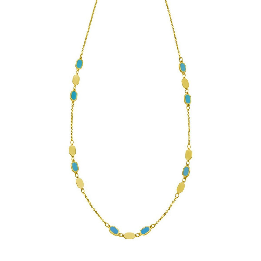 14K Yellow Gold Hexagon Turquoise Inlay Links Necklace