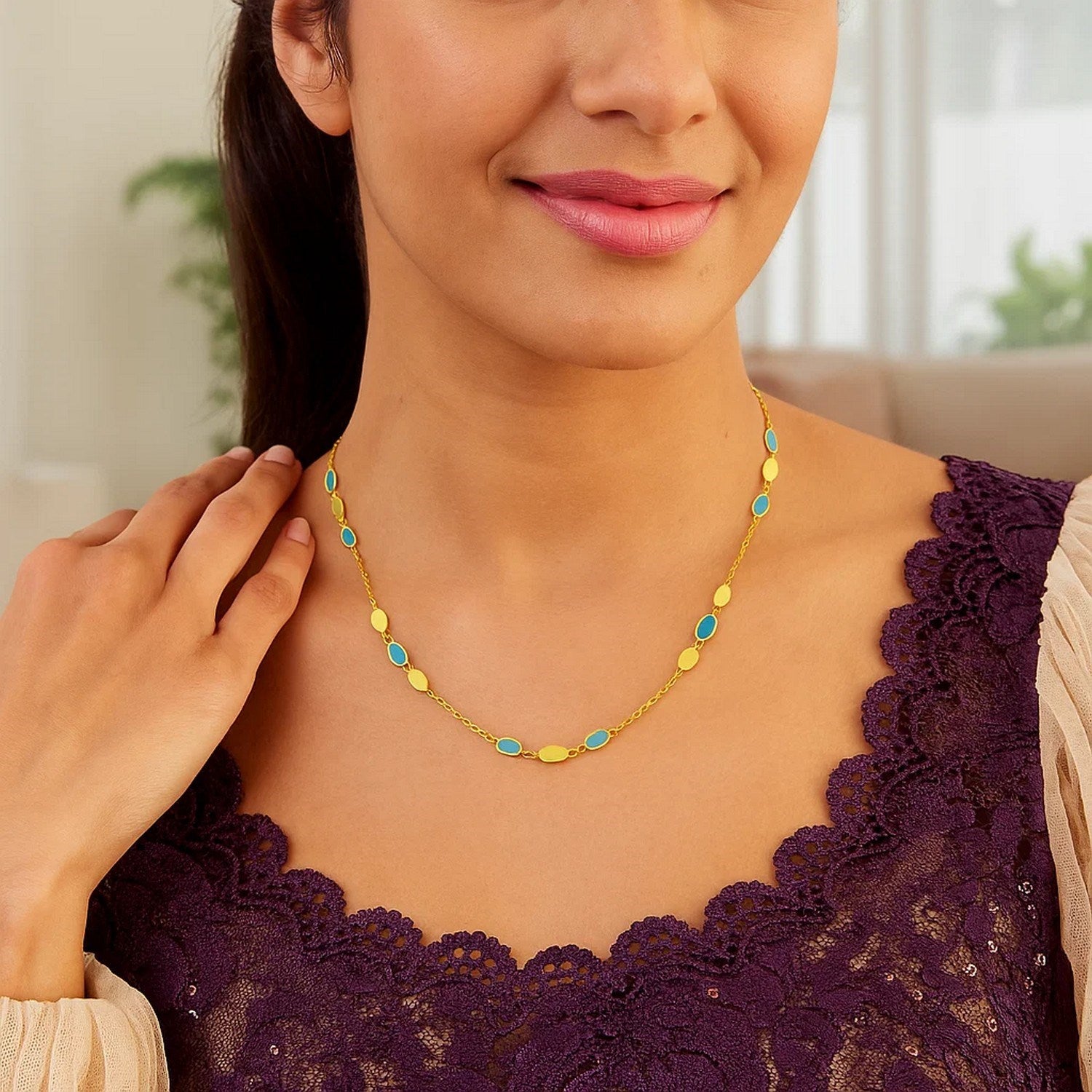 14K Yellow Gold Hexagon Turquoise Inlay Links Necklace