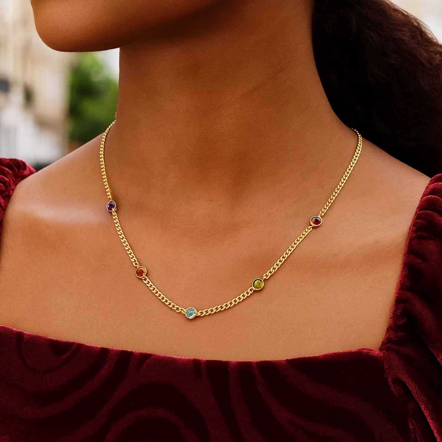 14K Yellow Gold Multi Gemstone Curb Chain Necklace