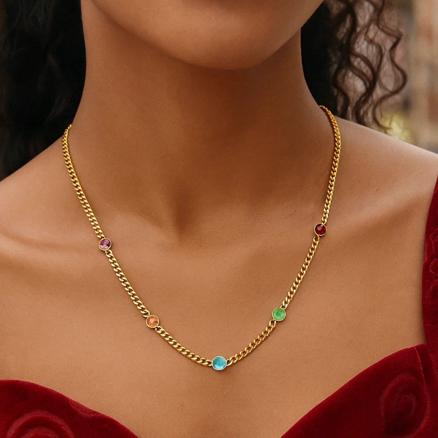 14K Yellow Gold Multi Gemstone Curb Chain Necklace