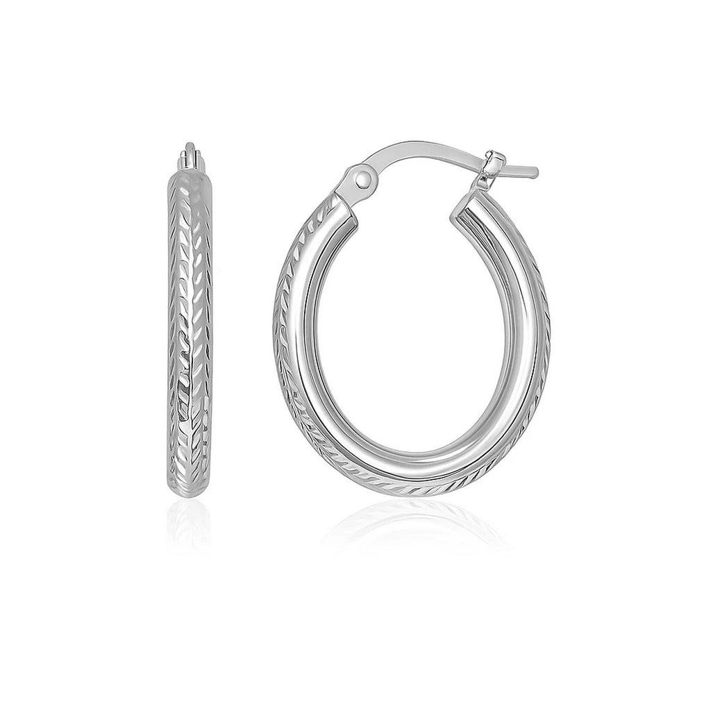 14k White Gold Diamond Cut Textured Oval Hoop Earrings.