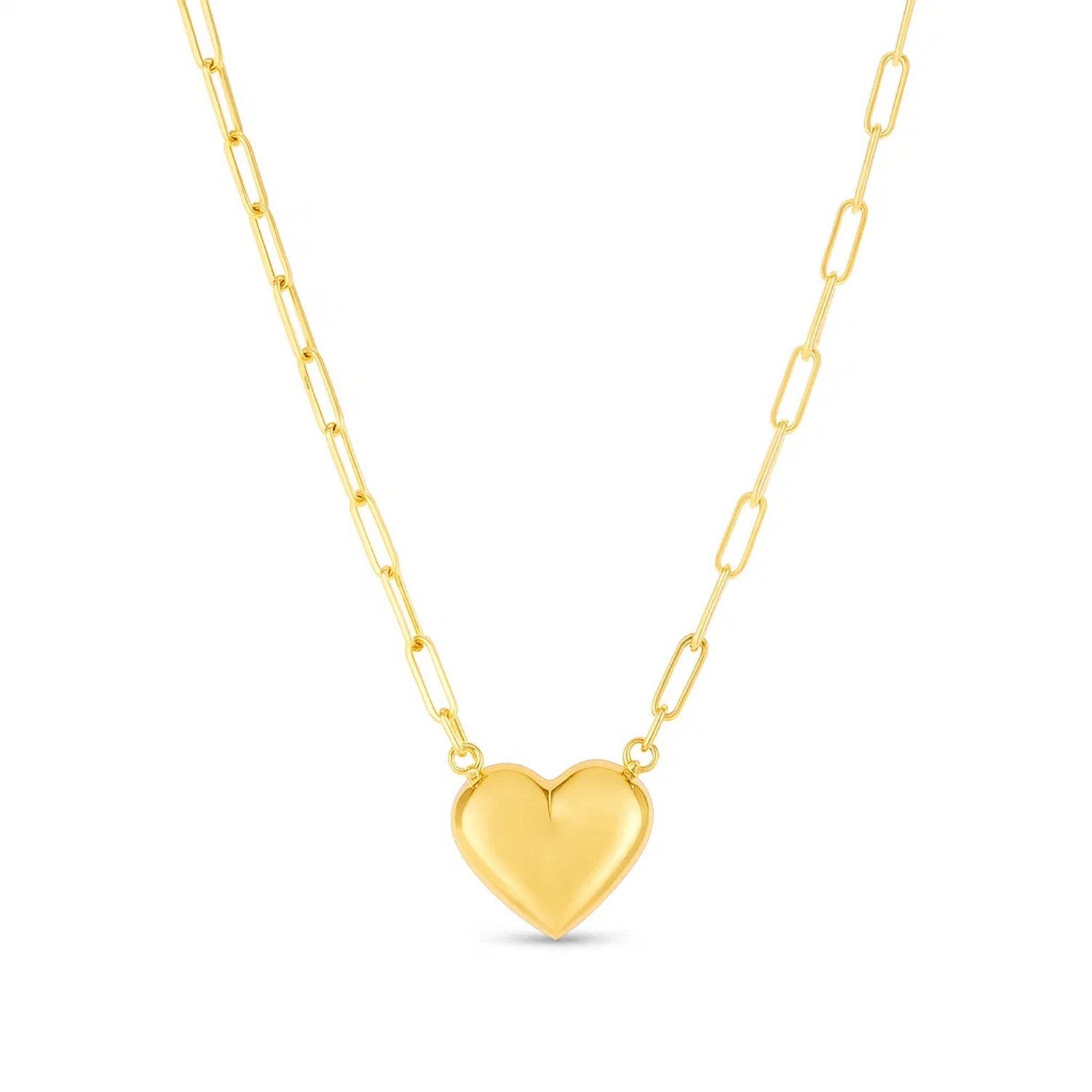 14k Yellow Gold Paperclip Chain Necklace with Puffed Heart