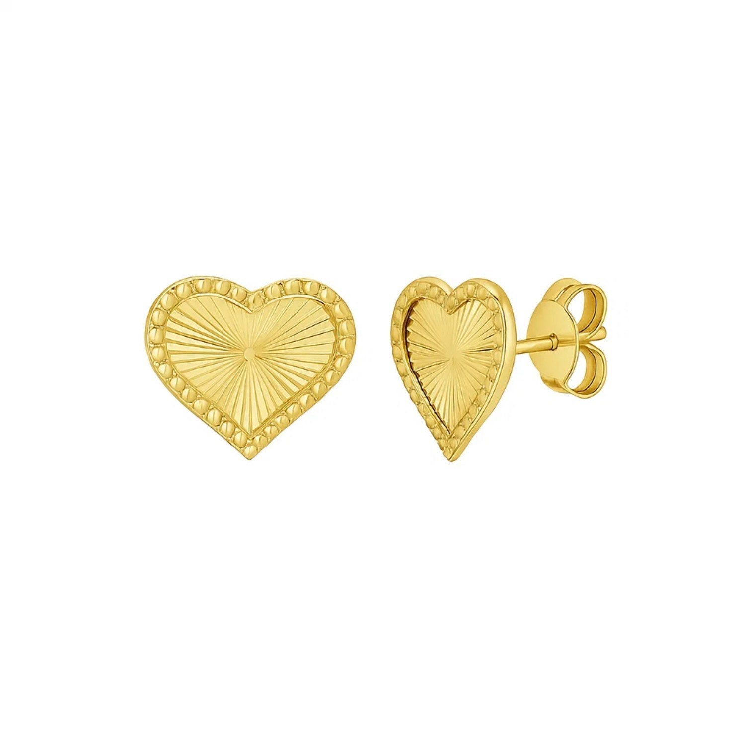 14K Yellow Gold Radiating Heart Stud Earrings
