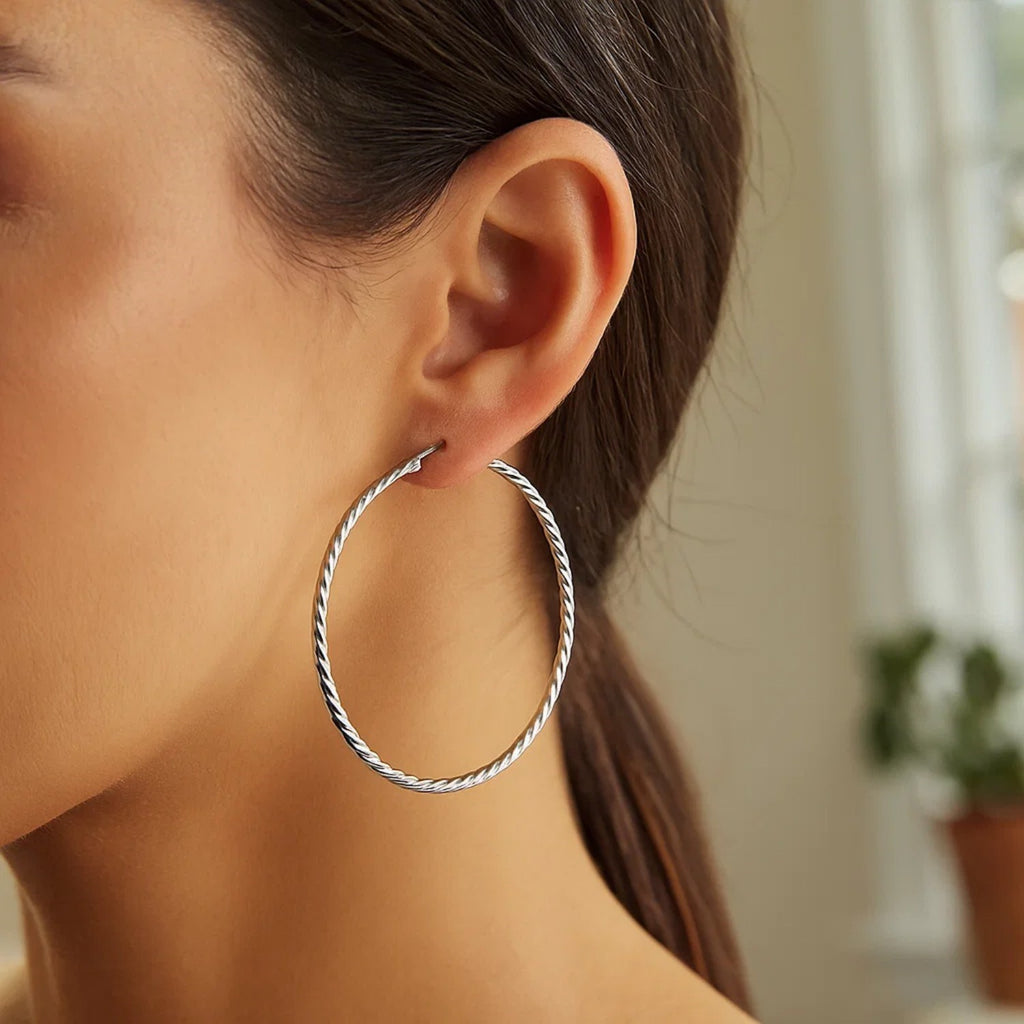 Hoop Earrings with Twist Texture in Sterling Silver(50mm)