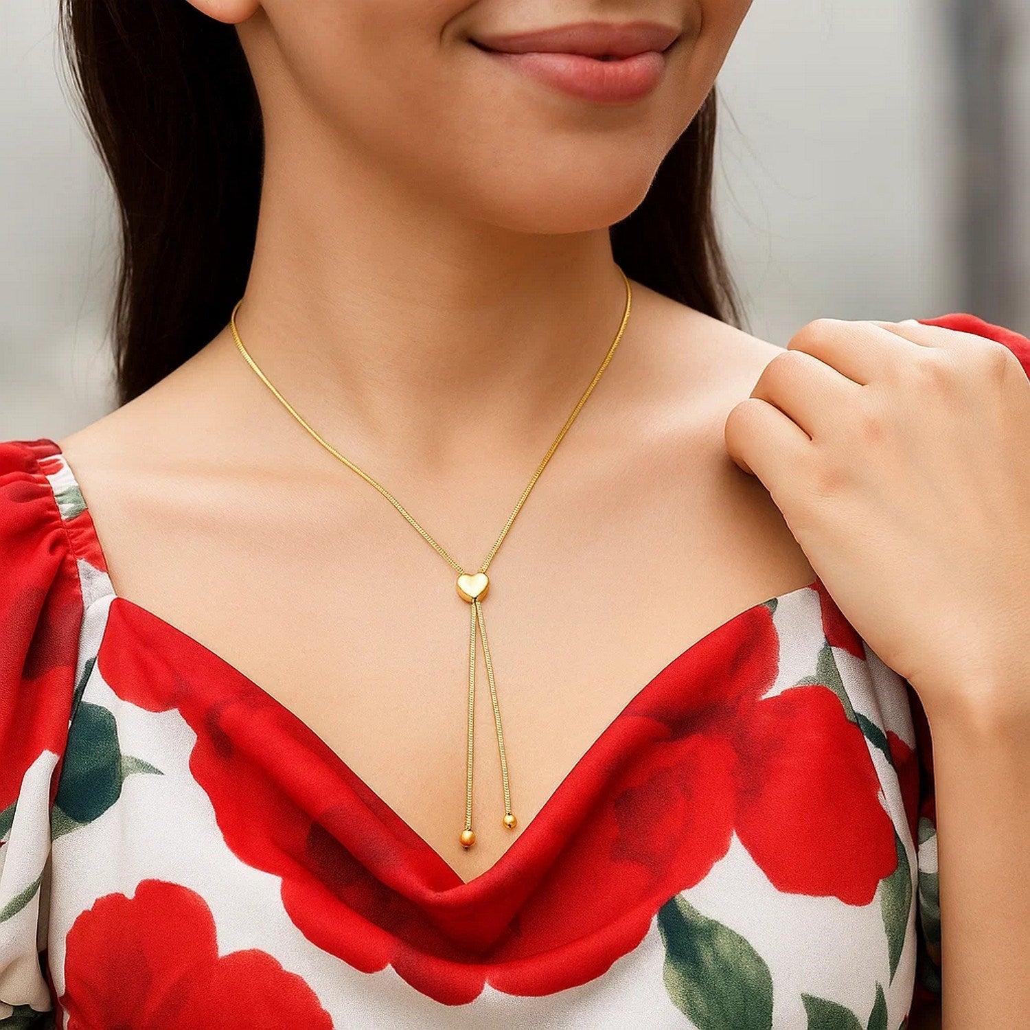 14k Yellow Gold Adjustable Heart Style Lariat Necklace