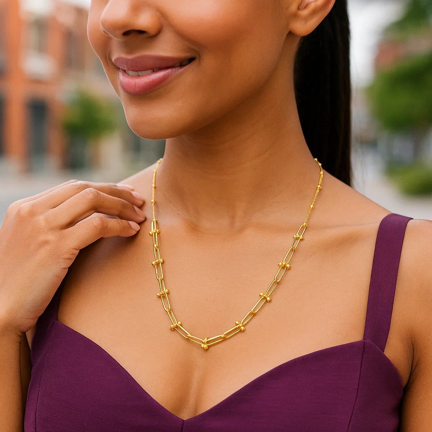 14k Yellow Gold Beaded U Link Chain Necklace