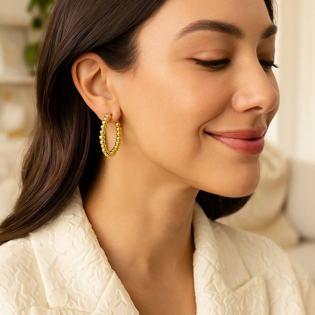 14K Yellow Gold Polished Medium Bead Hoop Earrings