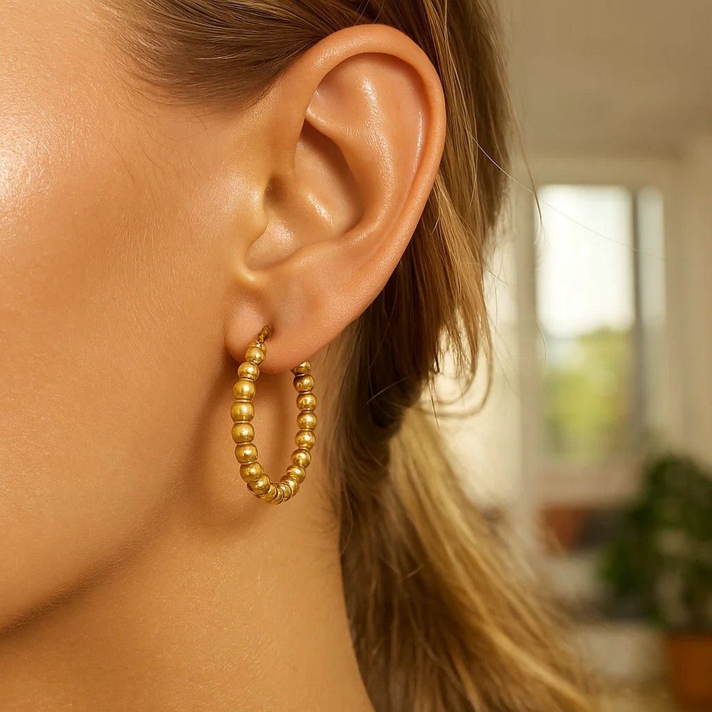 14K Yellow Gold Polished Medium Bead Hoop Earrings