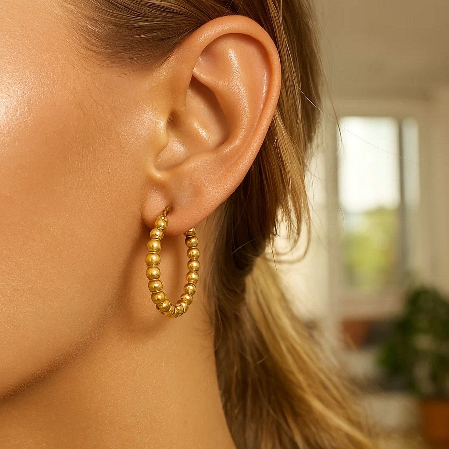 14K Yellow Gold Polished Medium Bead Hoop Earrings