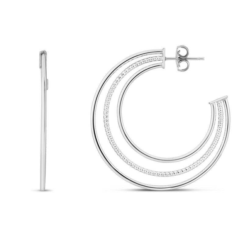 Sterling Silver Diamond Cut and Polished Three Row Hoop Earrings