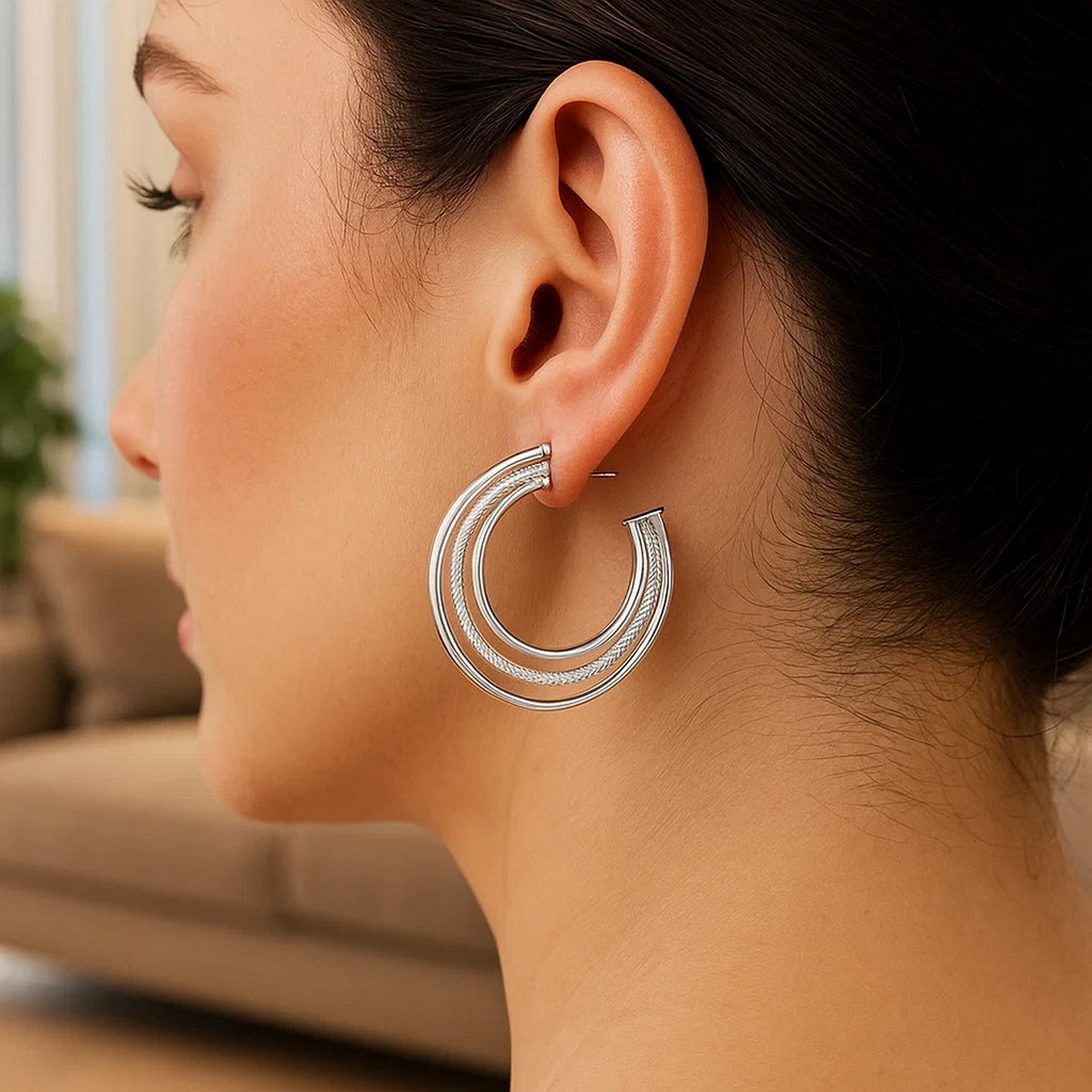 Sterling Silver Diamond Cut and Polished Three Row Hoop Earrings