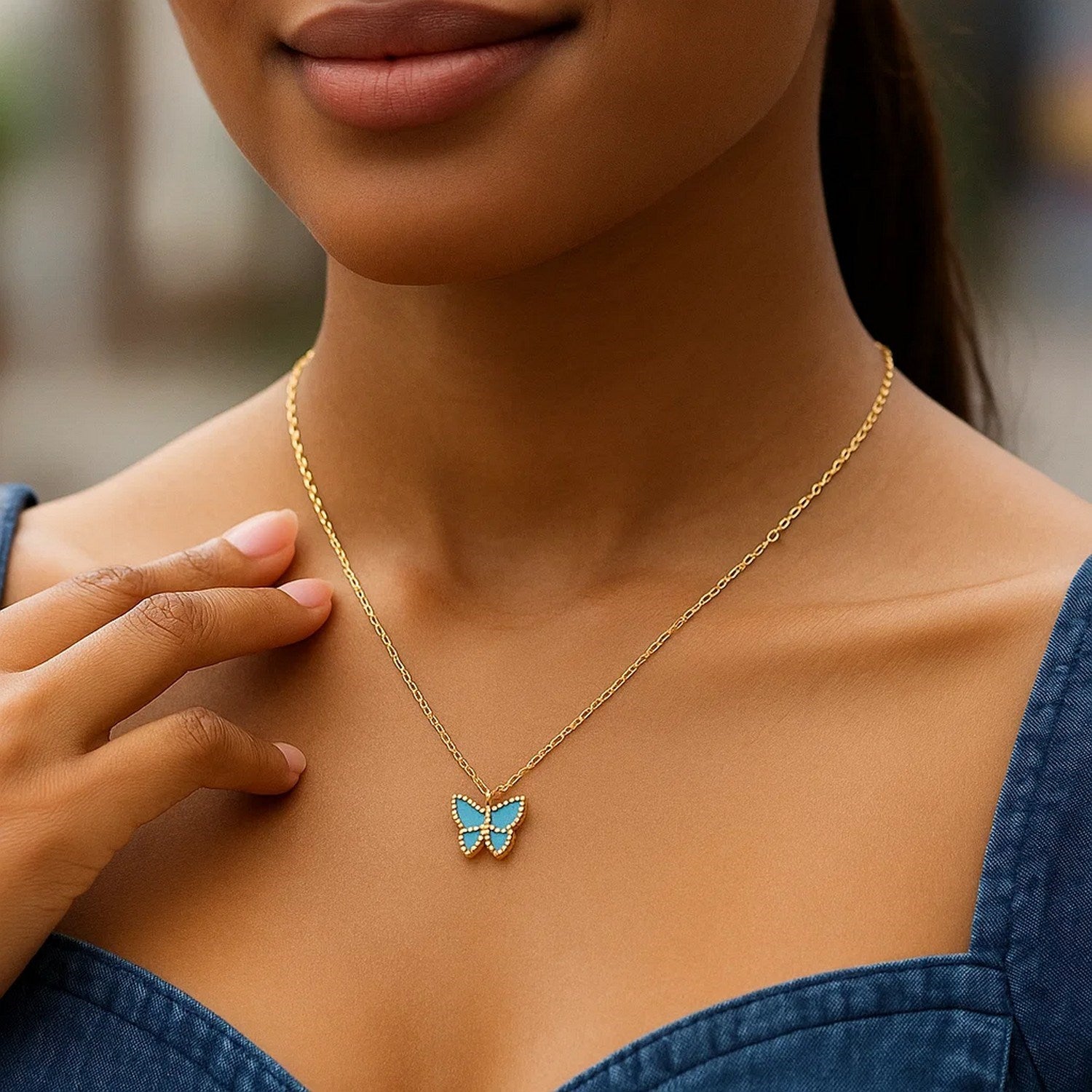 14k Yellow Gold High Polish Butterfly Turquoise Paste Necklace