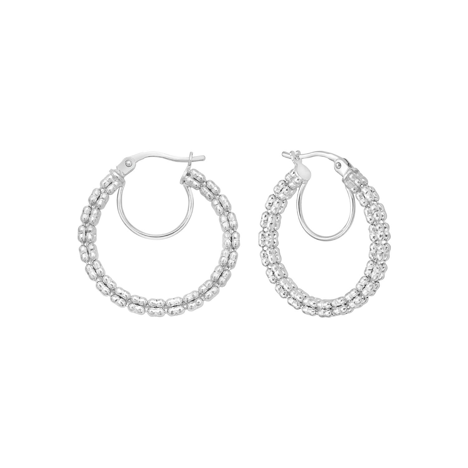 14K White Gold Ice Chain Round Hoops Earrings
