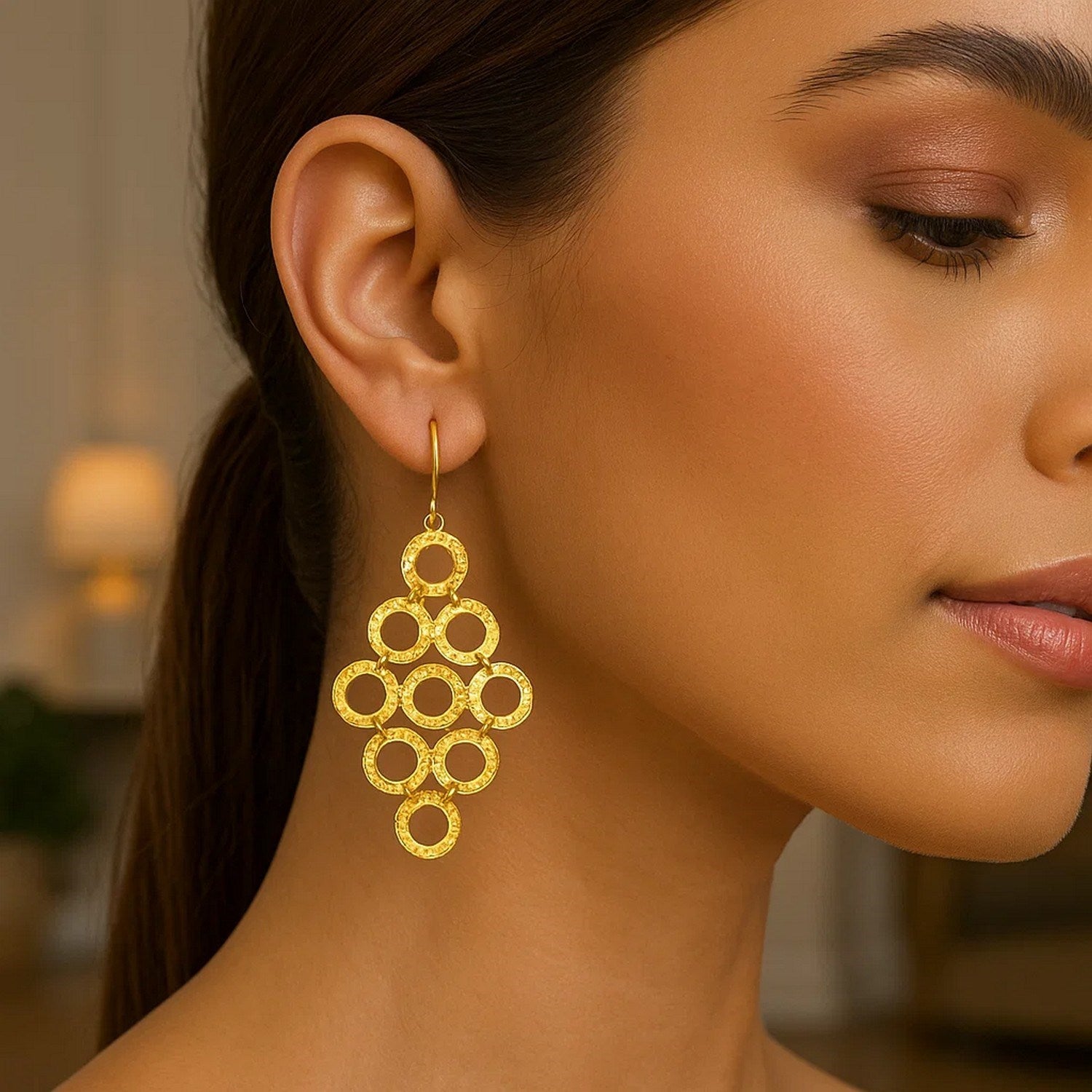 14k Yellow Gold Earrings with Textured Open Circle Motifs