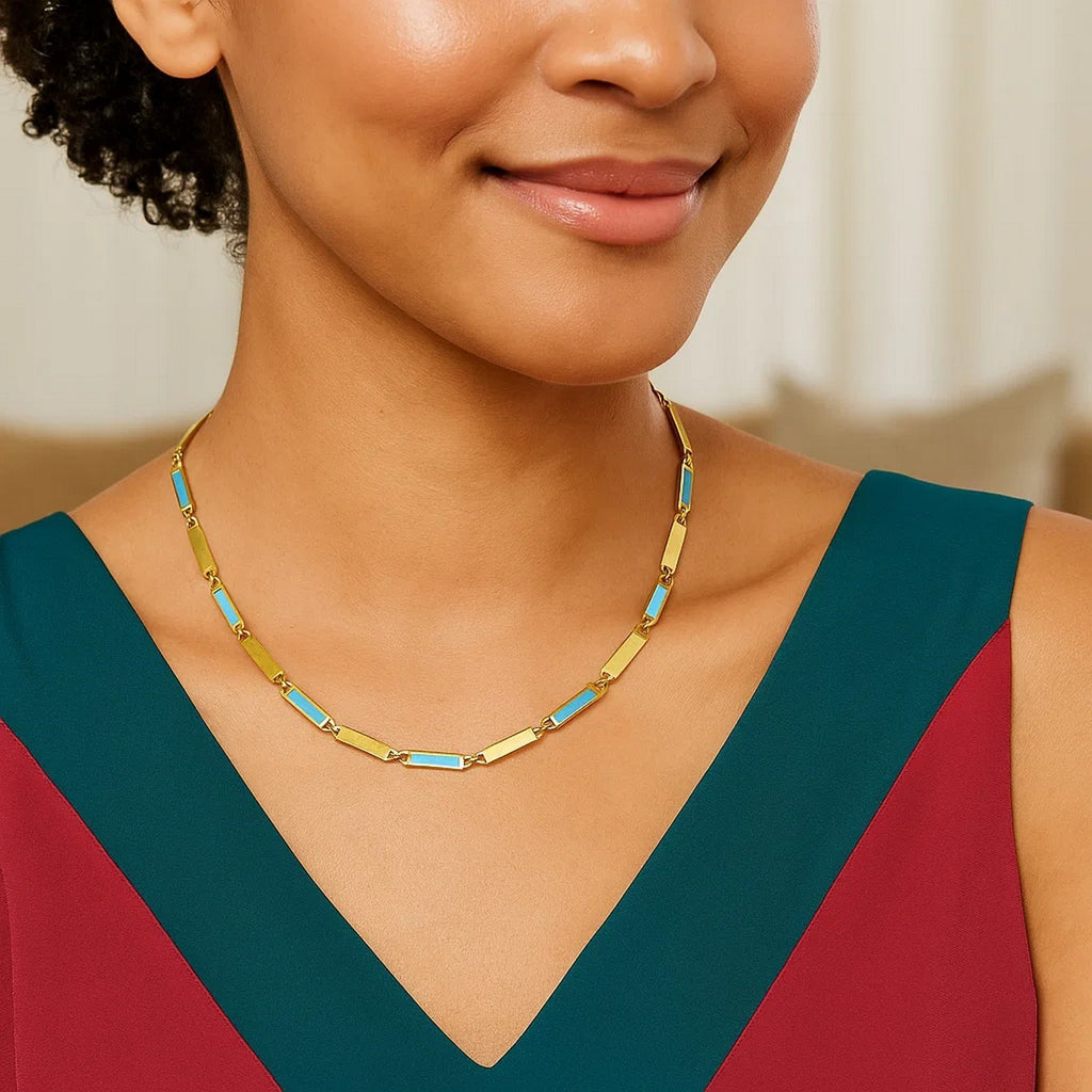 14K Yellow Gold Turquoise Rectangle Links Necklace (3.50 mm)