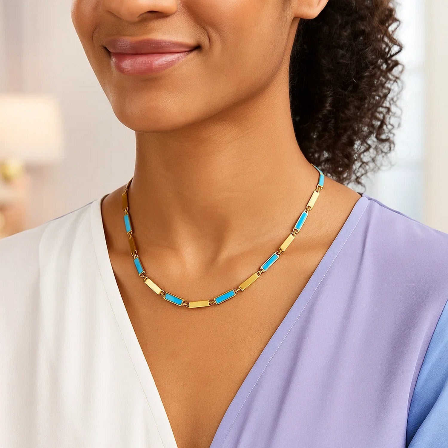 14K Yellow Gold Turquoise Rectangle Links Necklace (3.50 mm)