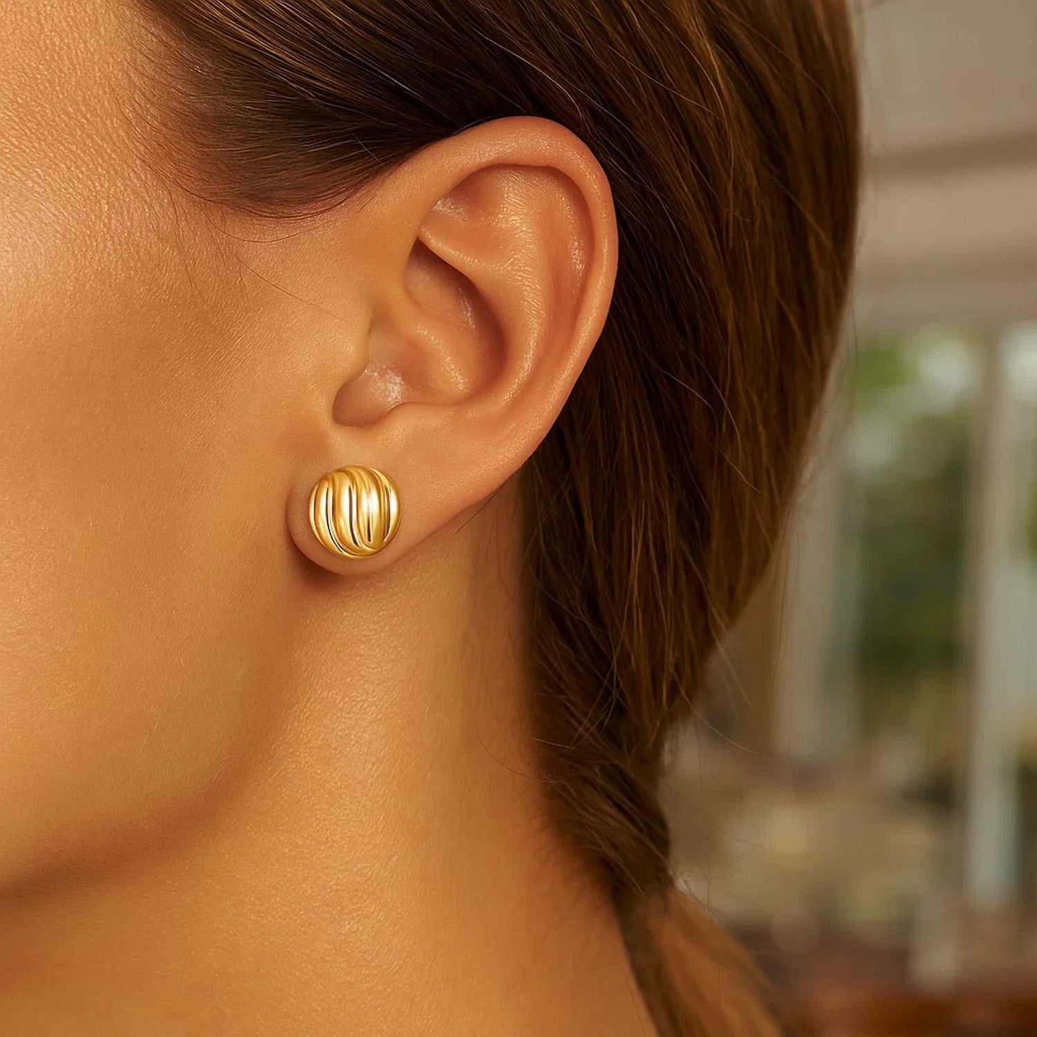 14K Yellow Gold Swirl Button Stud Earrings