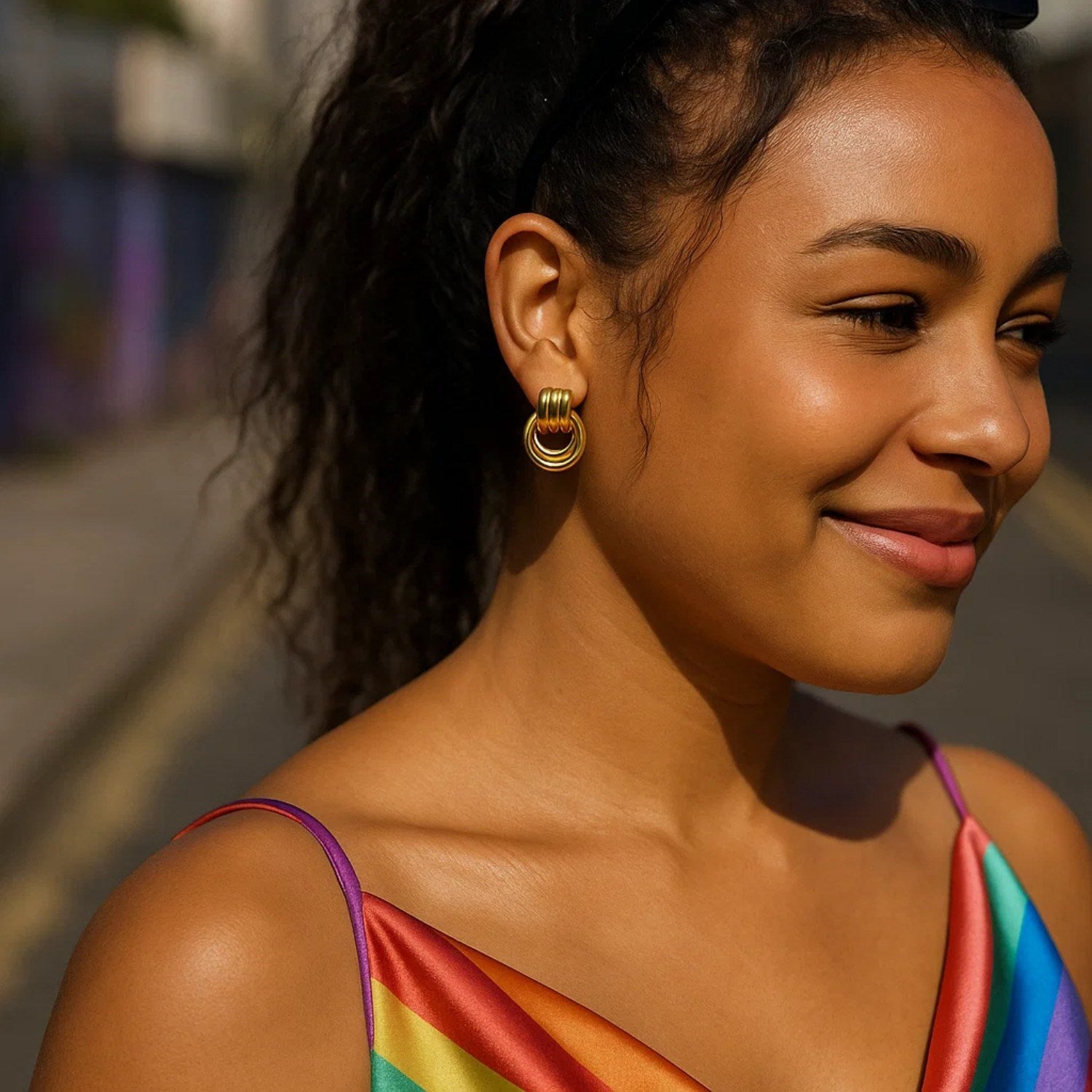 Sterling Silver Yellow Gold Plated Triple Door Knocker Hoop Earrings