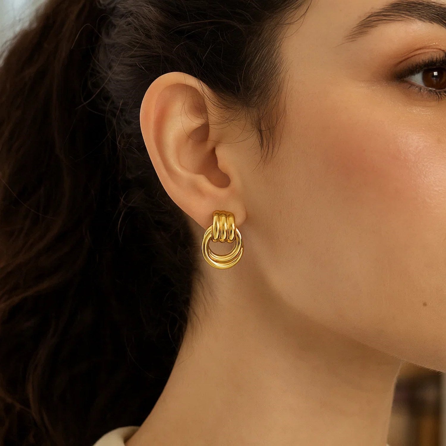 Sterling Silver Yellow Gold Plated Triple Door Knocker Hoop Earrings