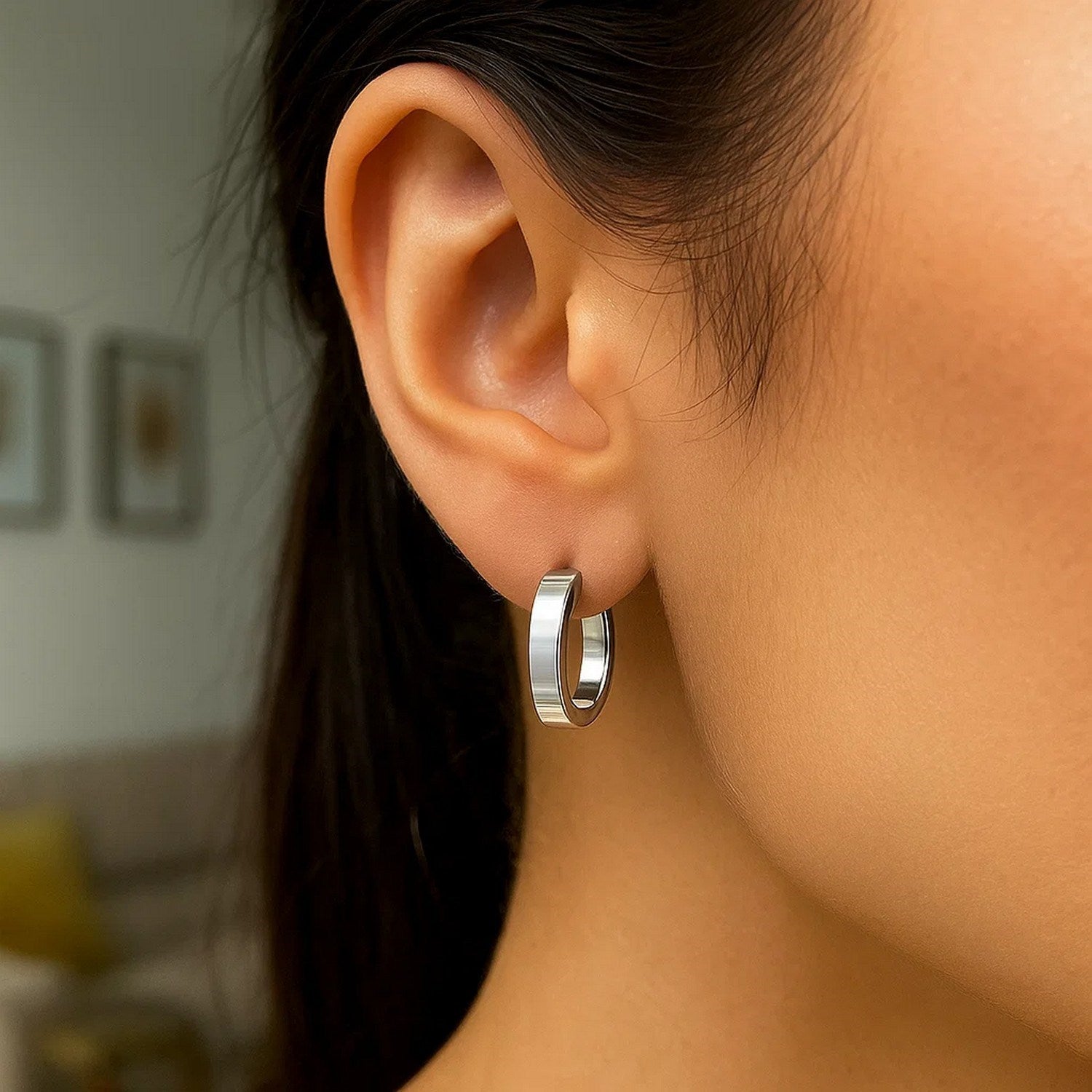 Sterling Silver Flat Style Oval Hoop Earrings with Rhodium Plating(4x14mm)