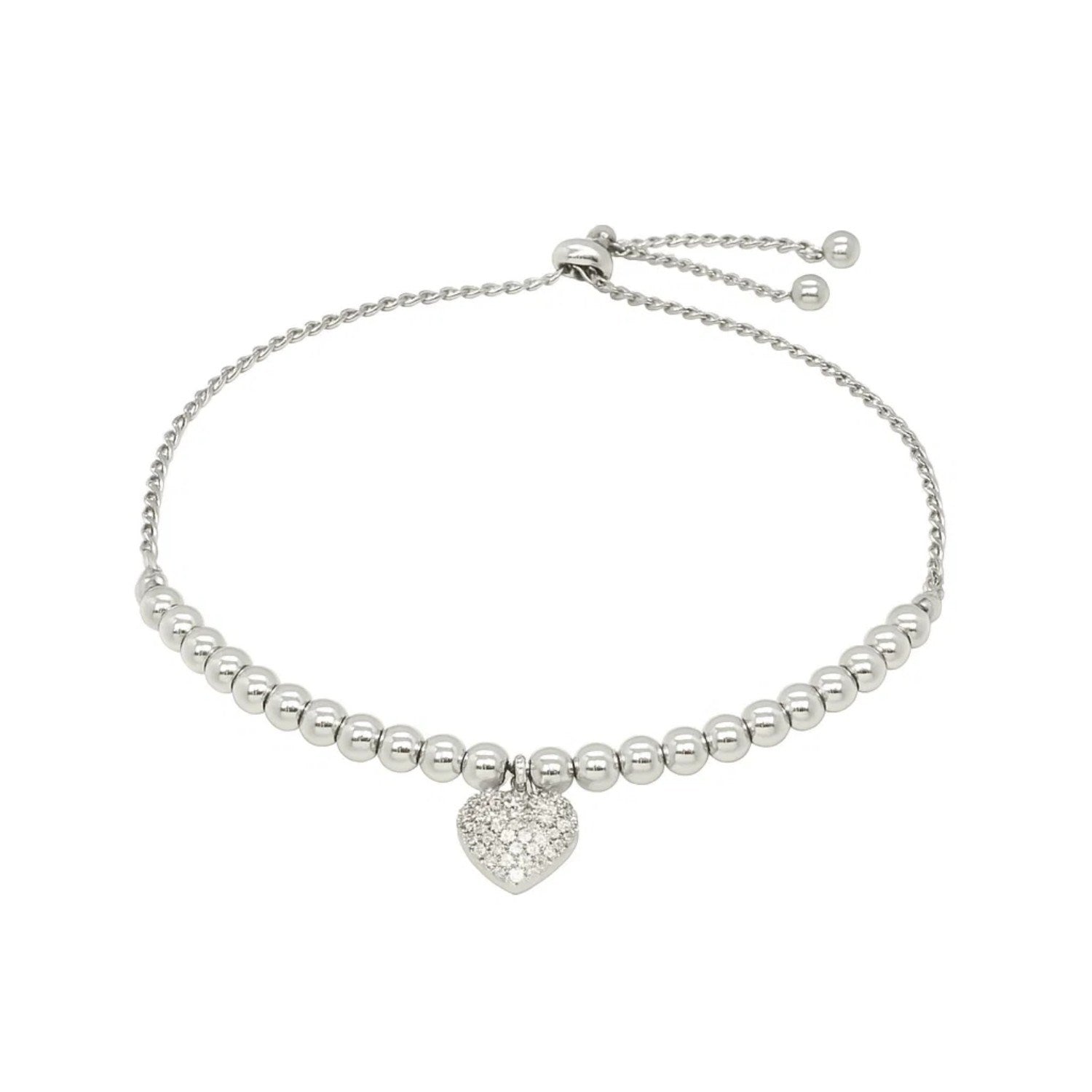 Adjustable Bead Bracelet with Round Charm and Cubic Zirconias in Sterling Silver