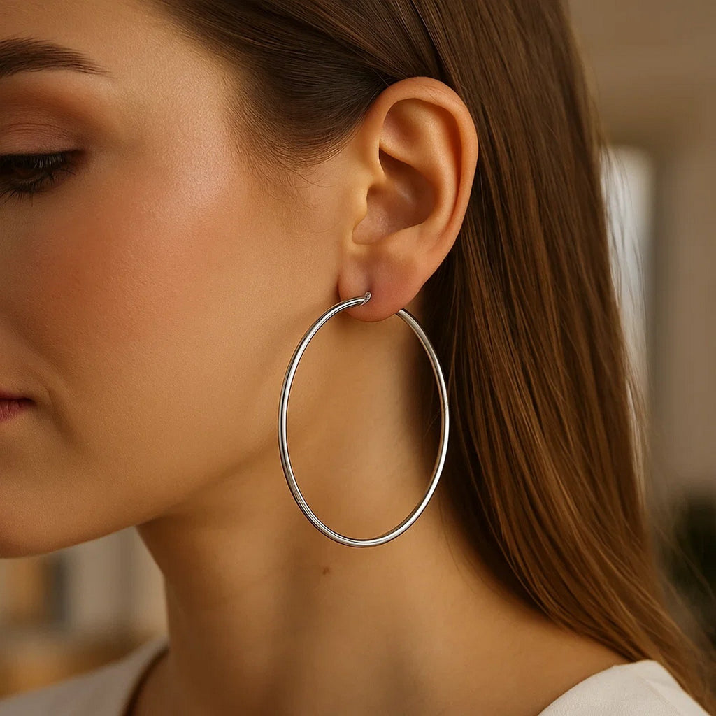 Rhodium Plated Hoop Earrings in Sterling Silver (2x60mm)